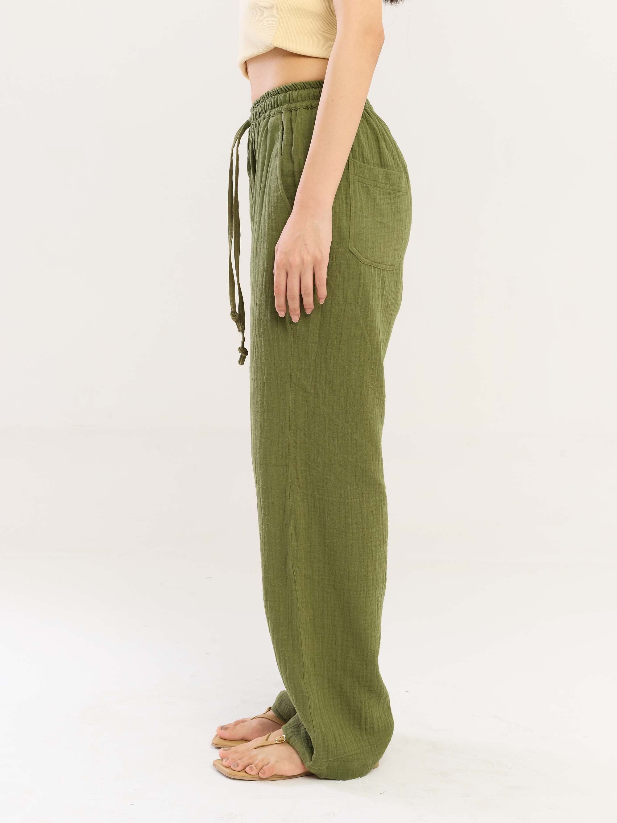 Olive Green Gauze Pull-on Pants - Image 7