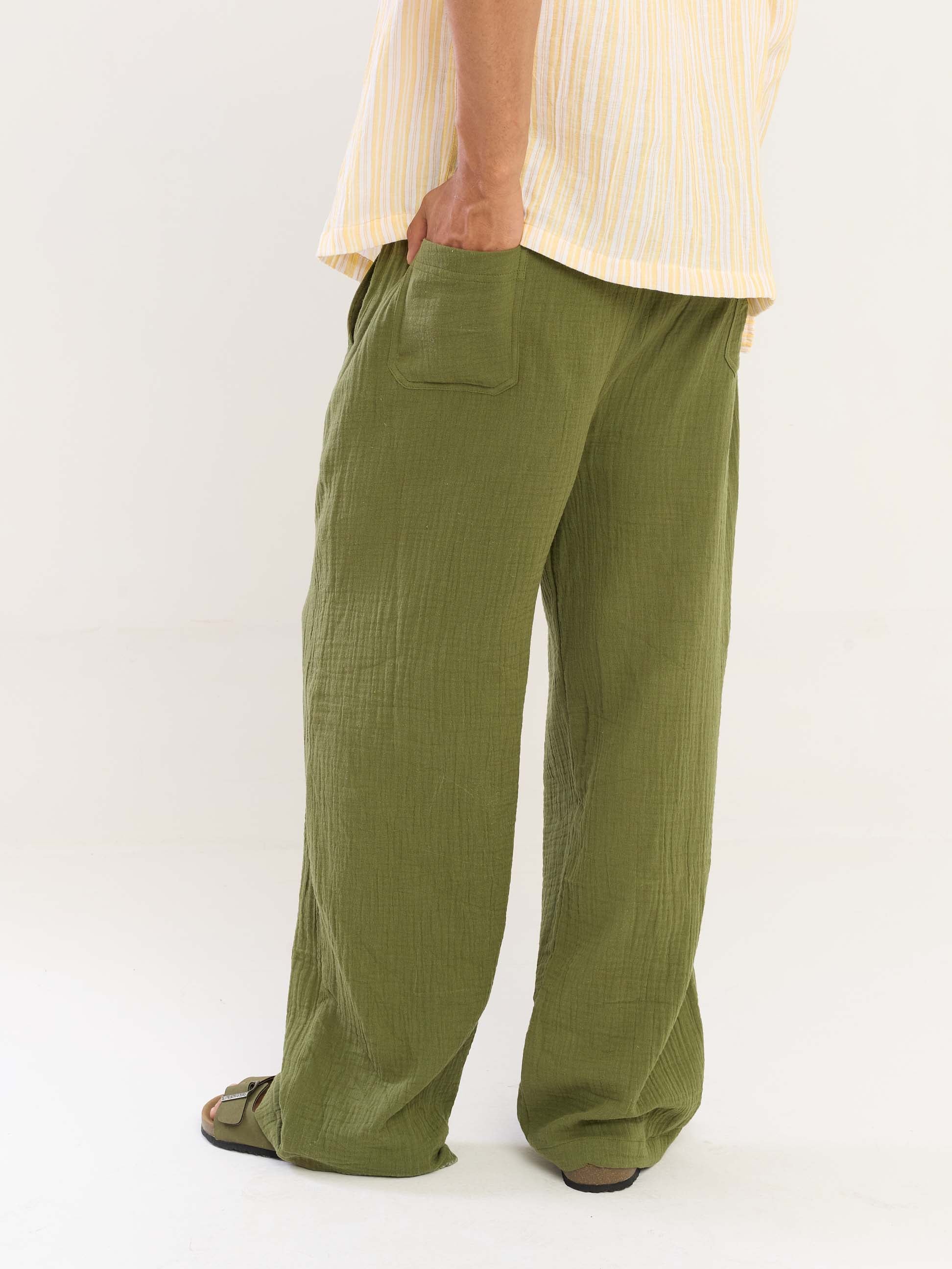 Olive Green Gauze Pull-on Pants - Image 8