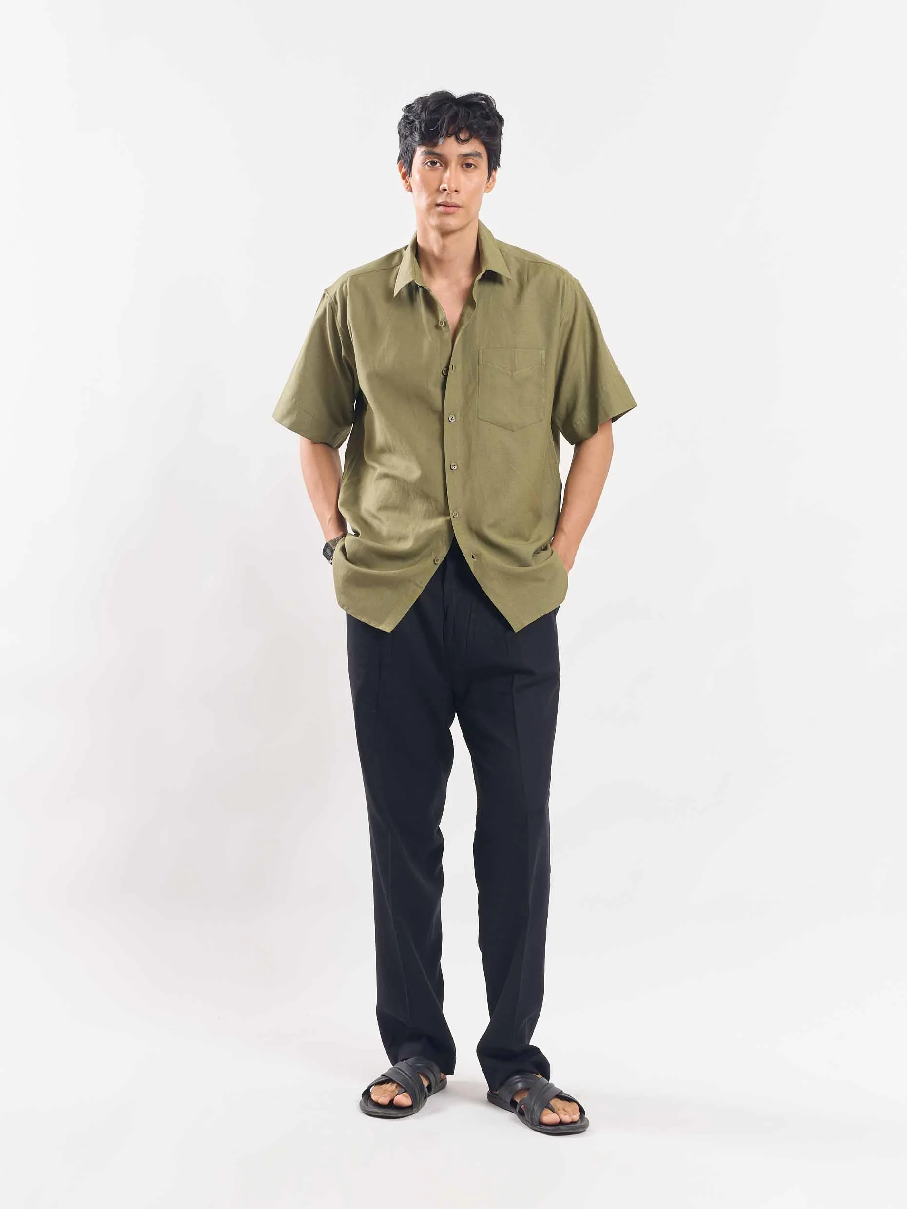 Olive Green Half Sleeve Linen Shirt - Image 2
