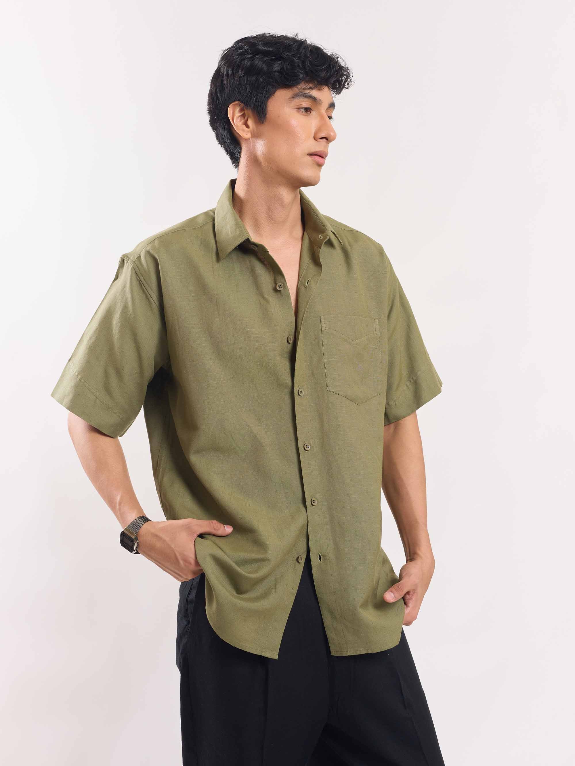 Olive Green Half Sleeve Linen Shirt - Image 3