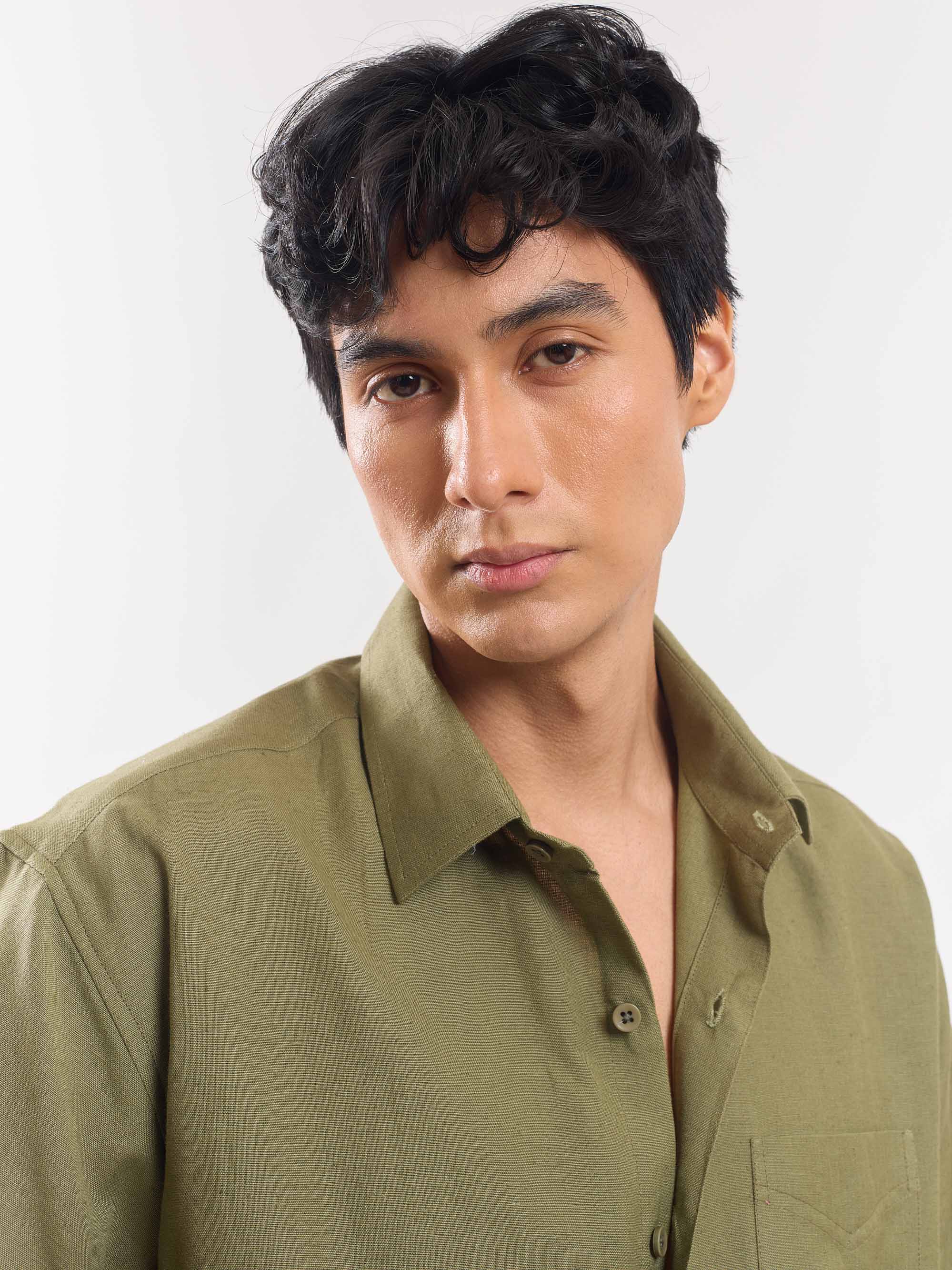 Olive Green Half Sleeve Linen Shirt - Image 4