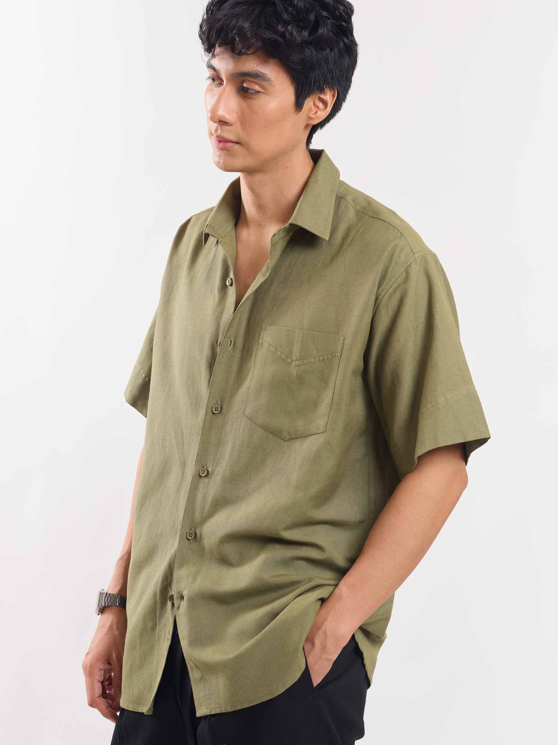 Olive Green Half Sleeve Linen Shirt - Image 5