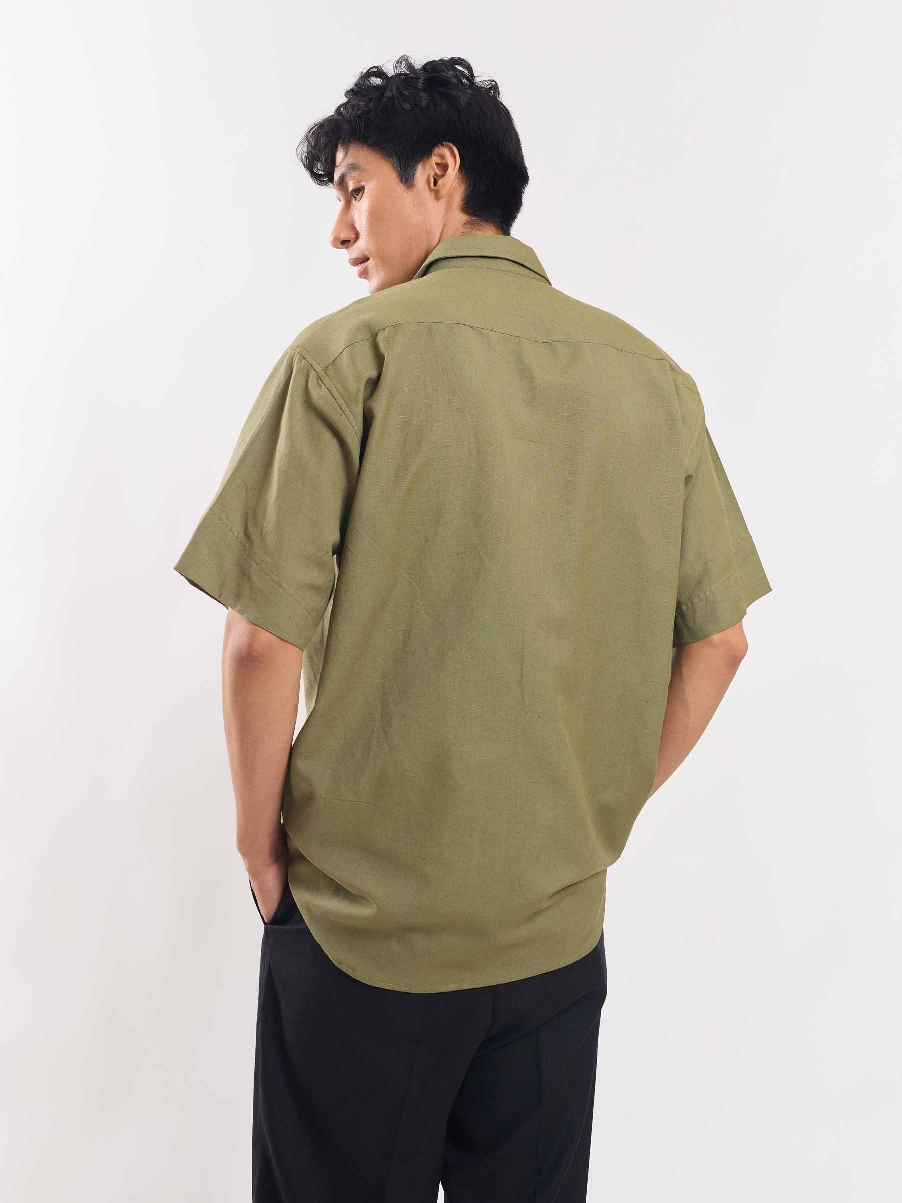 Olive Green Half Sleeve Linen Shirt - Image 6