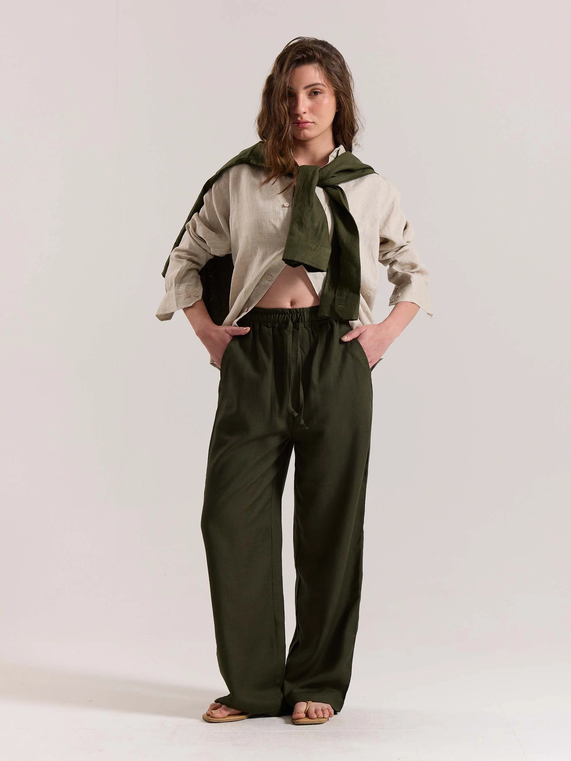 Olive Green Linen Pull-on Pants - Image 2