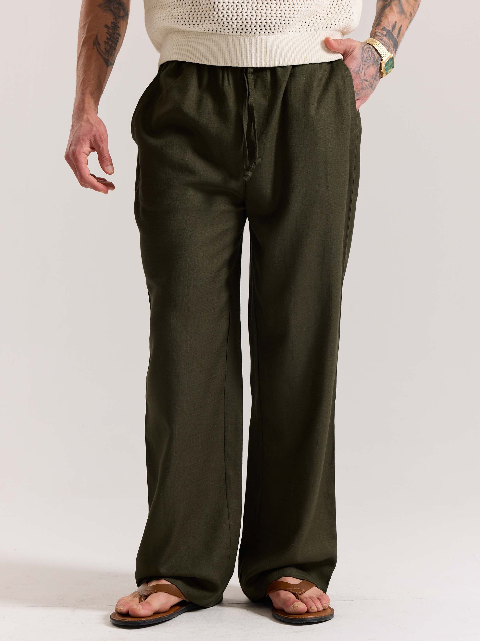 Olive Green Linen Pull-on Pants - Image 3