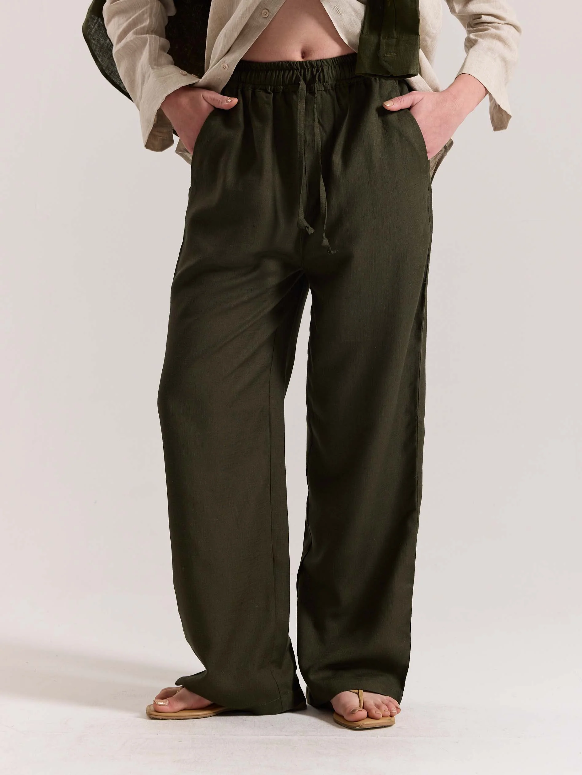 Olive Green Linen Pull-on Pants - Image 4