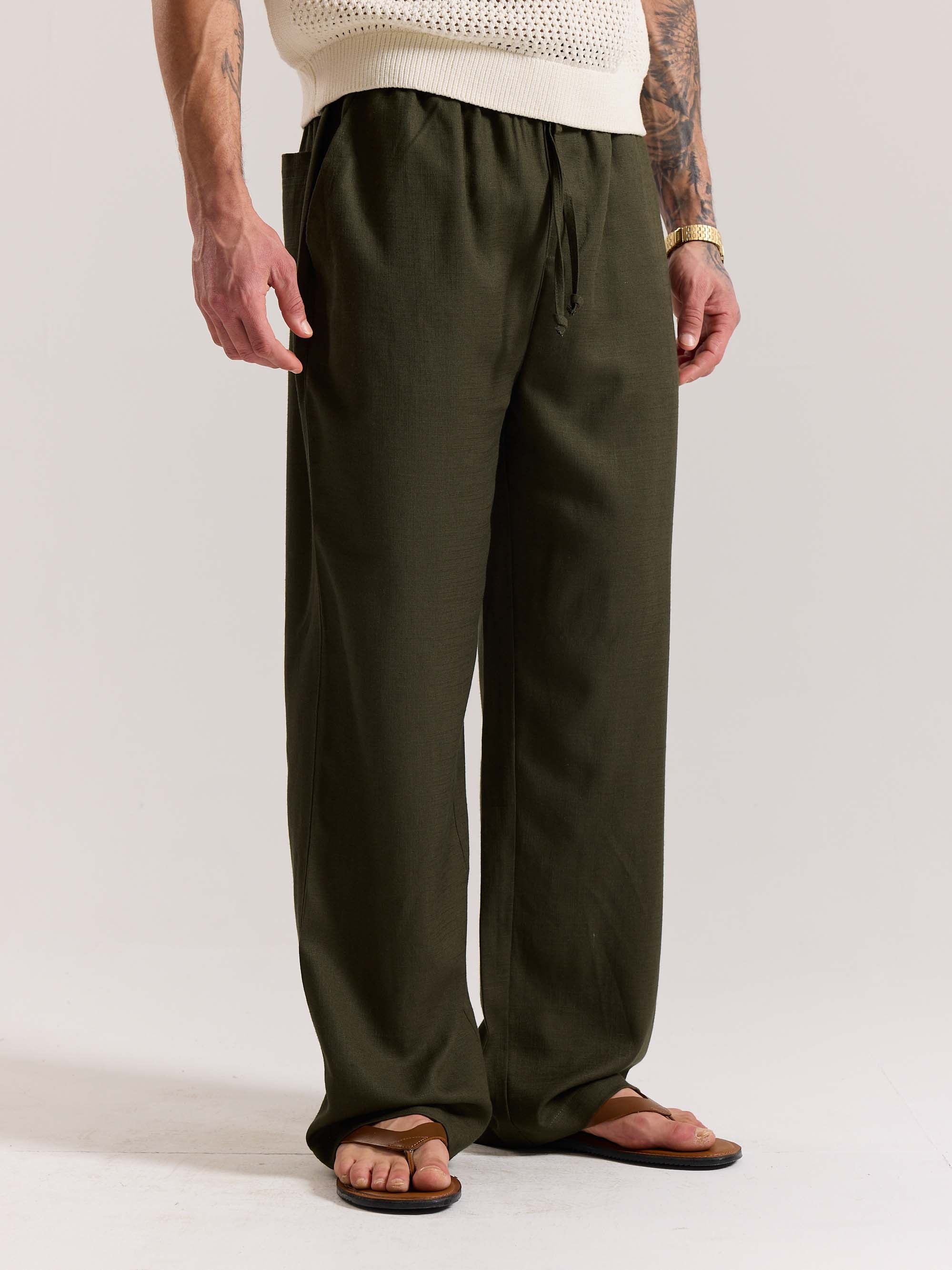 Olive Green Linen Pull-on Pants - Image 5