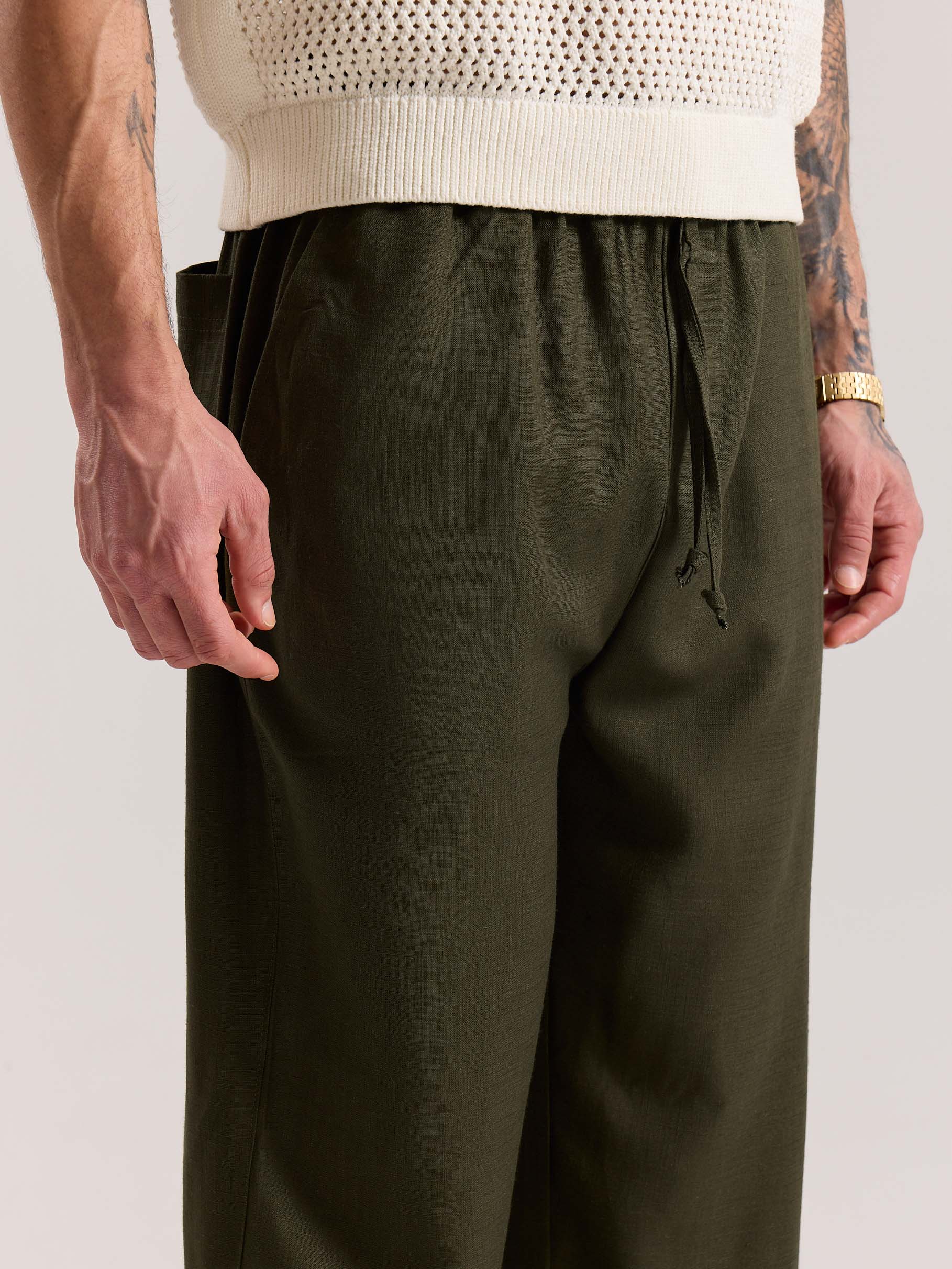 Olive Green Linen Pull-on Pants - Image 6