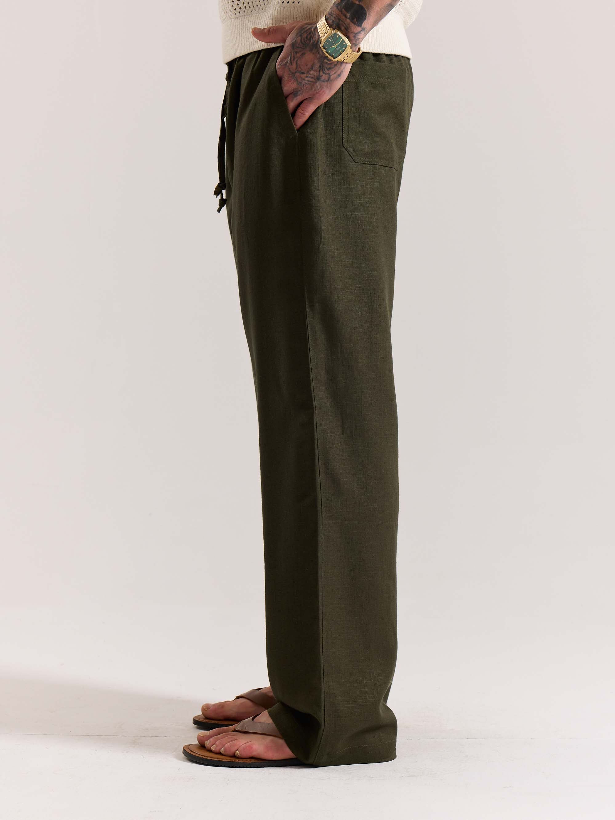 Olive Green Linen Pull-on Pants - Image 7