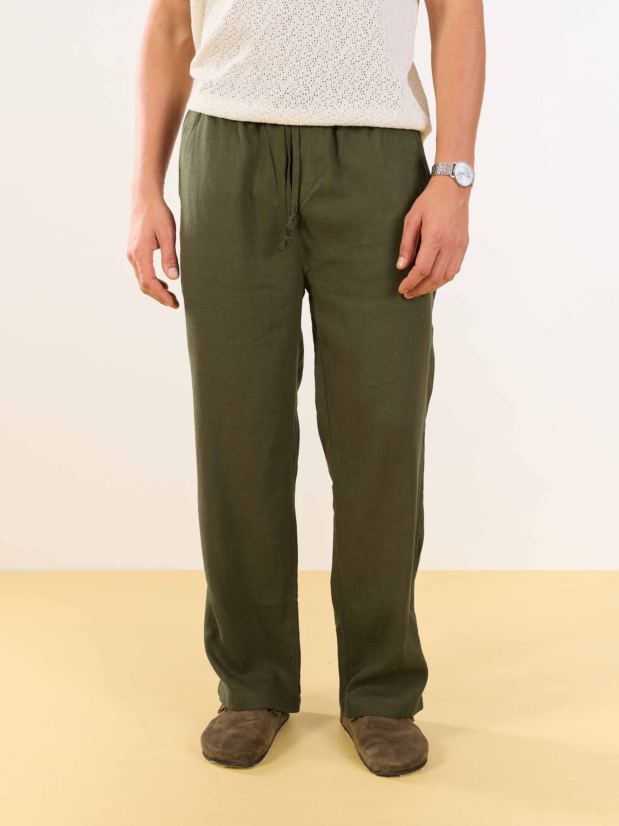 Olive Green Linen Pull-on Pants - Image 2
