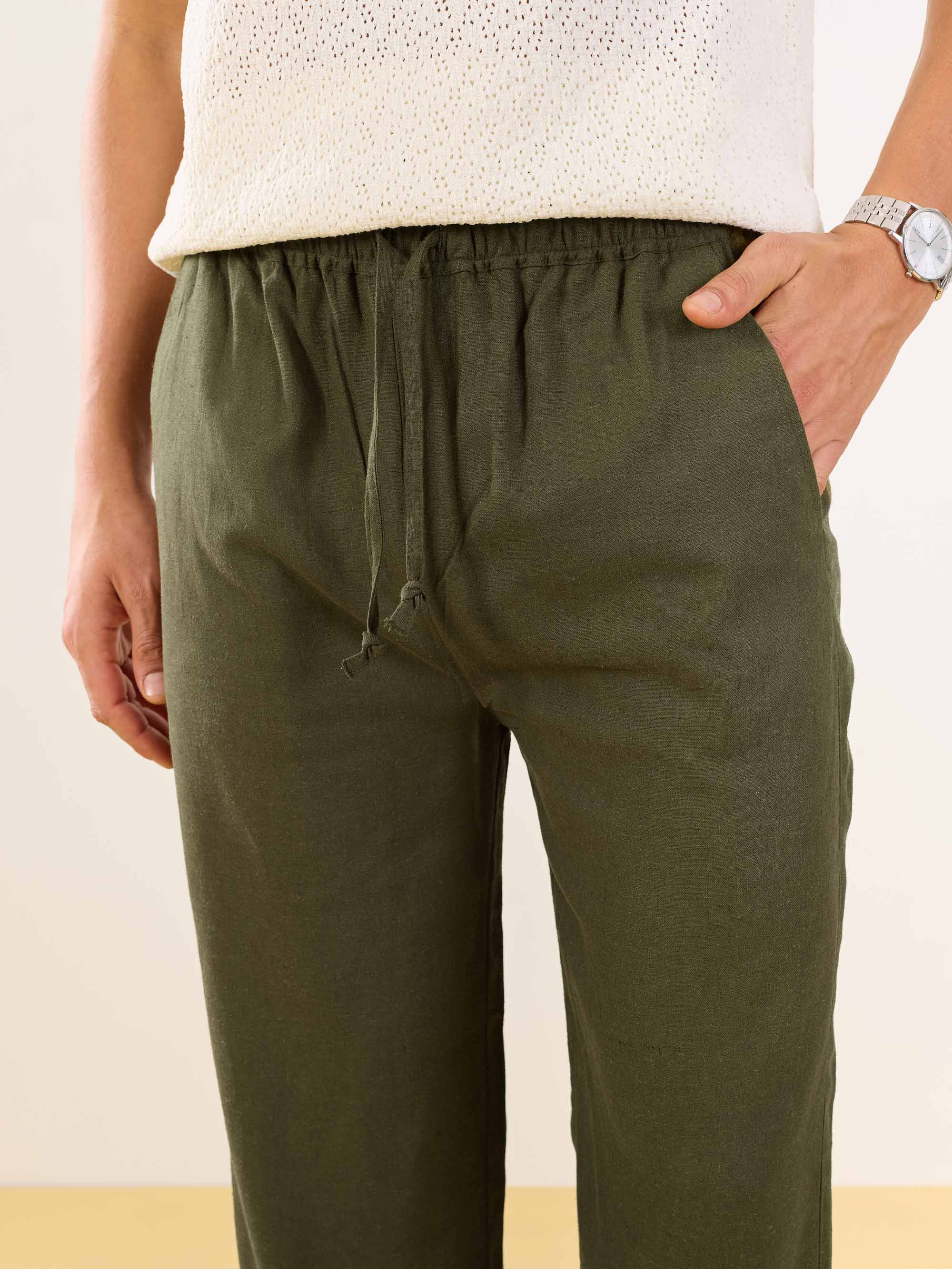Olive Green Linen Pull-on Pants - Image 3