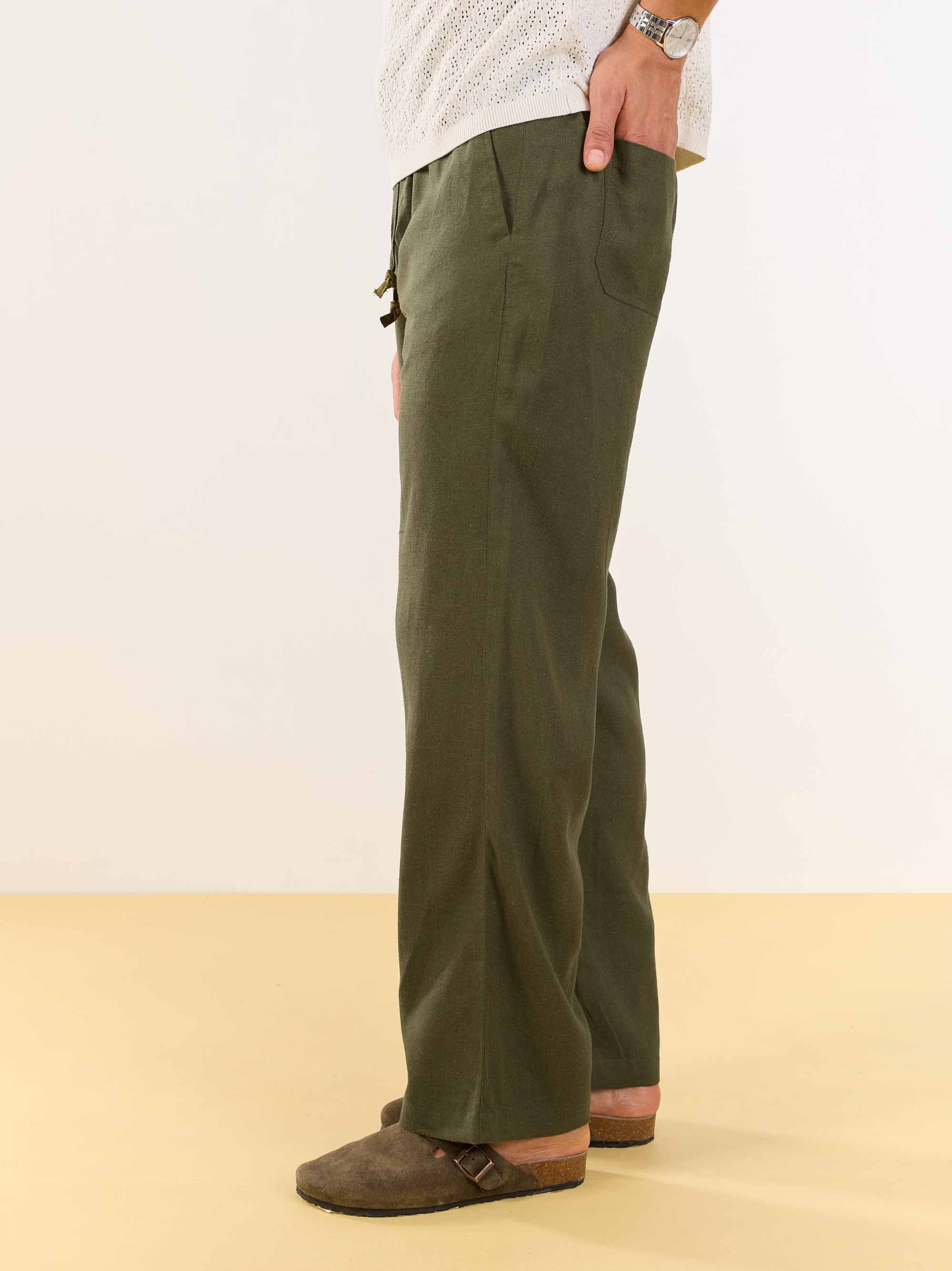 Olive Green Linen Pull-on Pants - Image 4