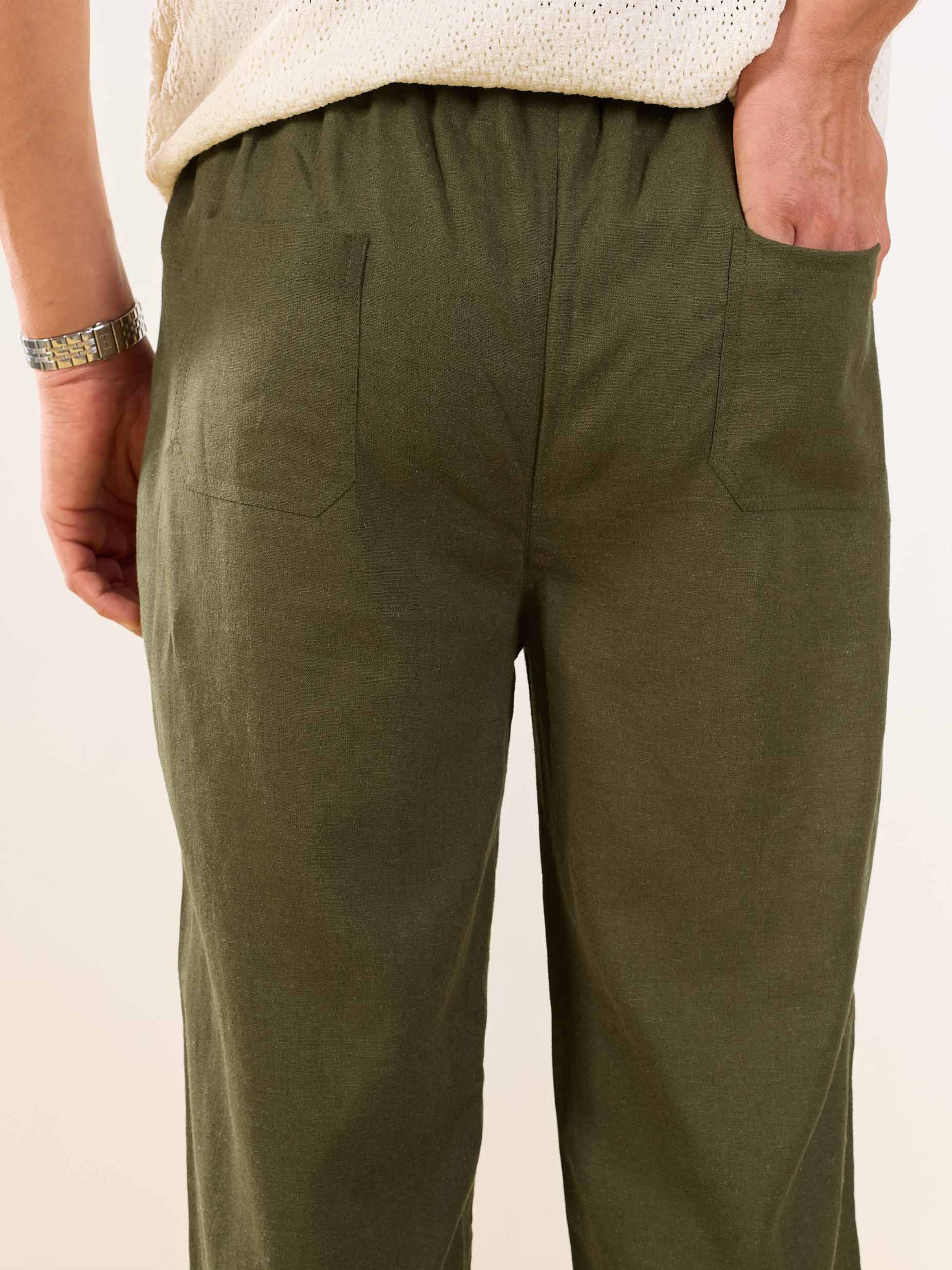 Olive Green Linen Pull-on Pants - Image 6