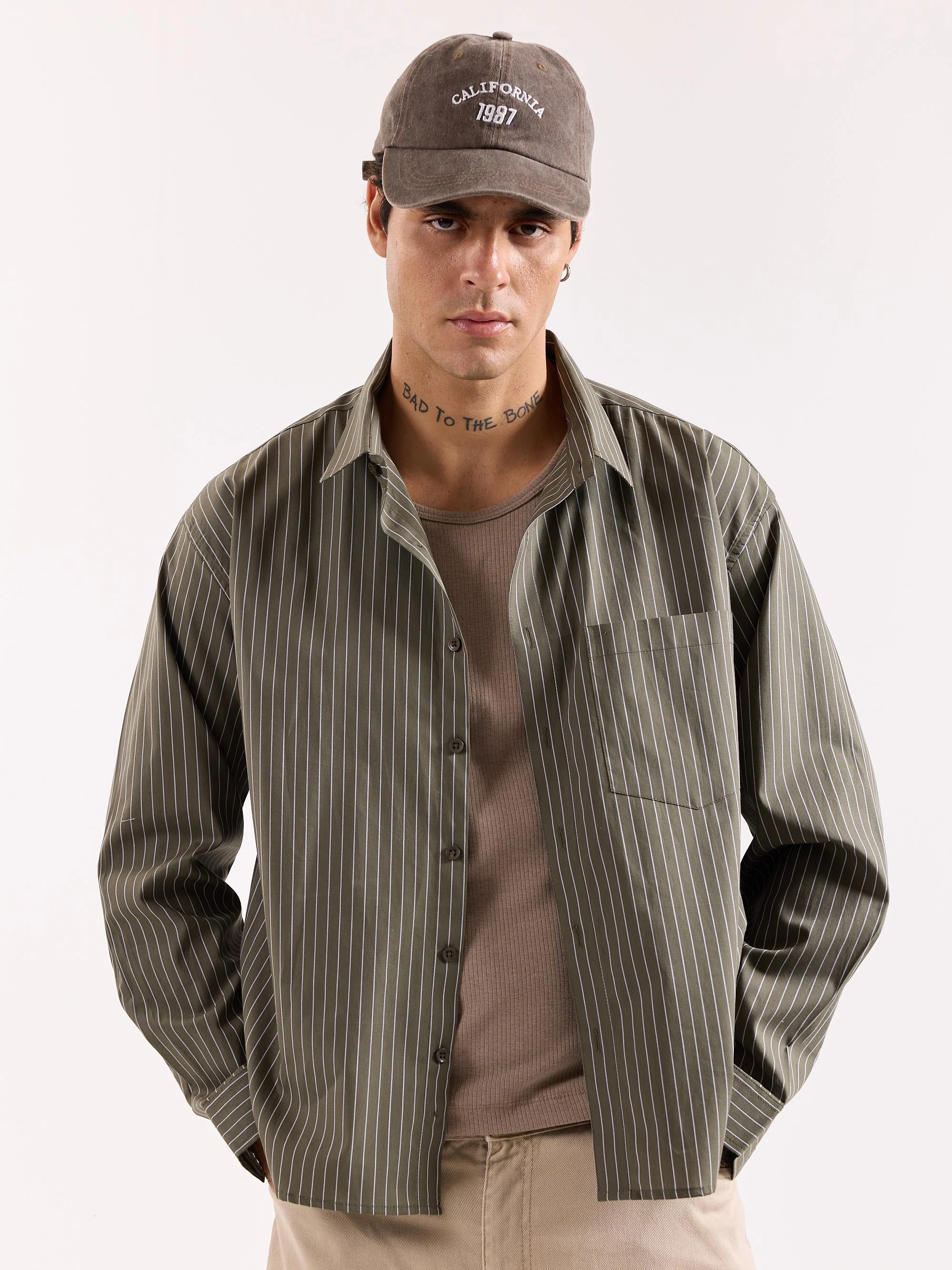 Olive Green Pinstriped Poplin Oversized Shirt - Image 3