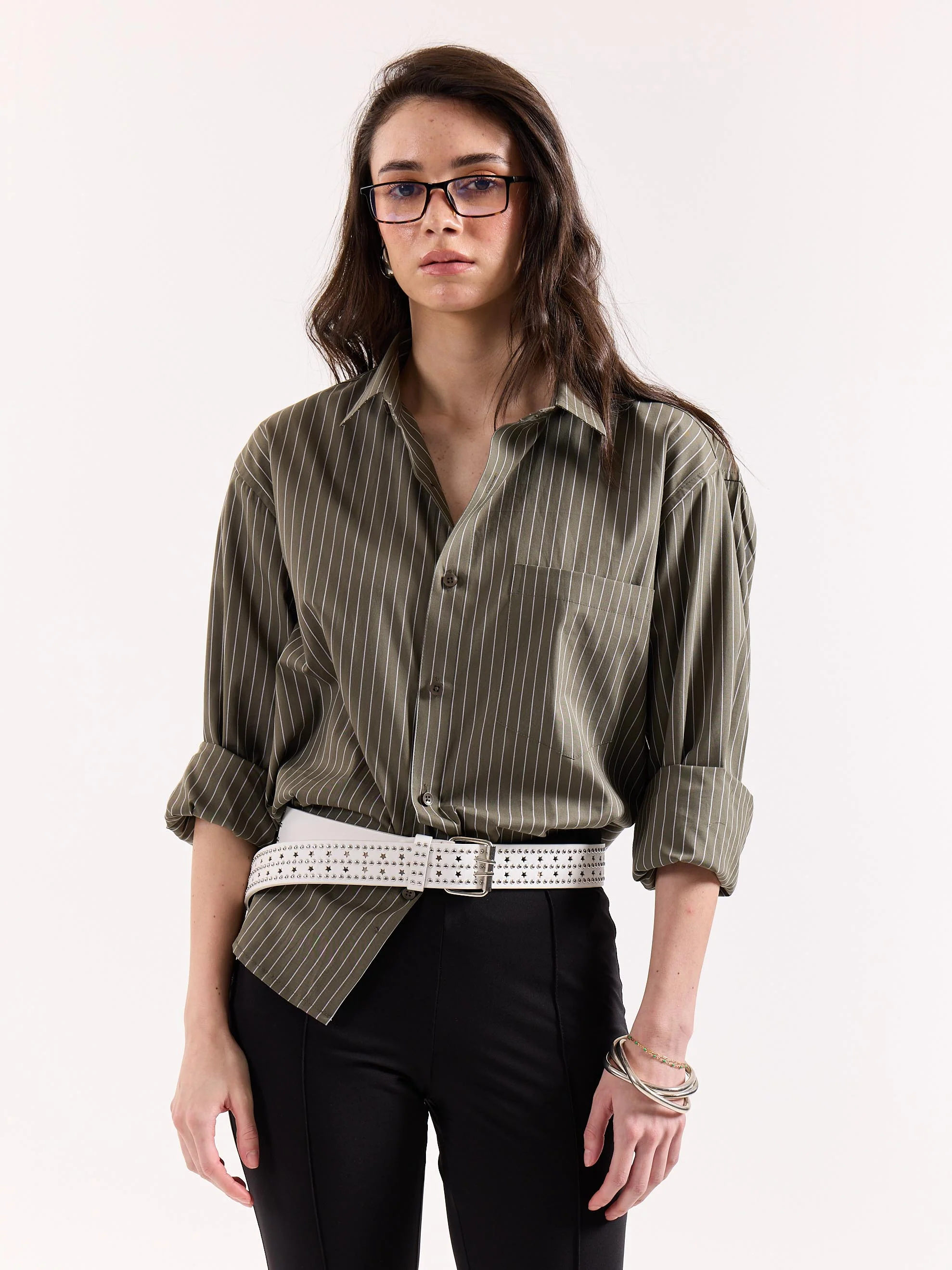 Olive Green Pinstriped Poplin Oversized Shirt - Image 4