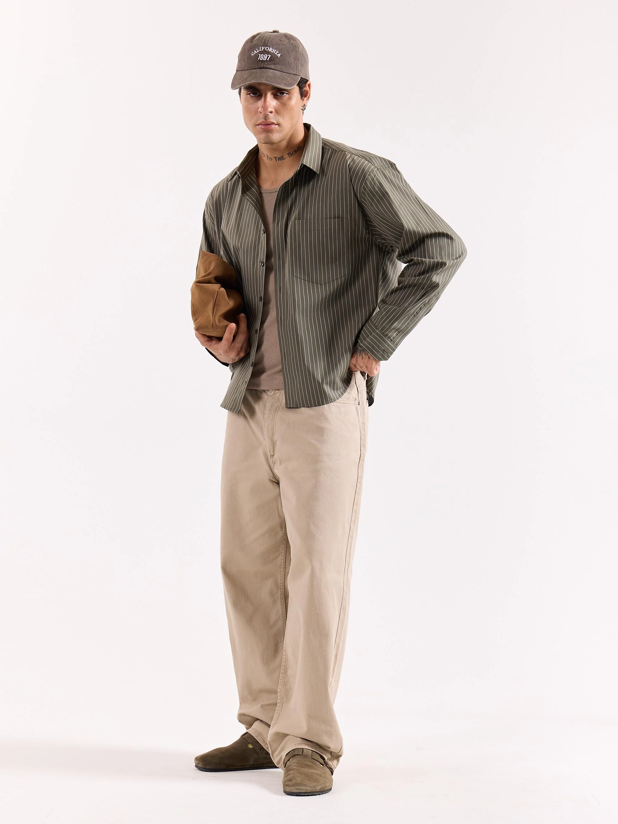 Olive Green Pinstriped Poplin Oversized Shirt - Image 6