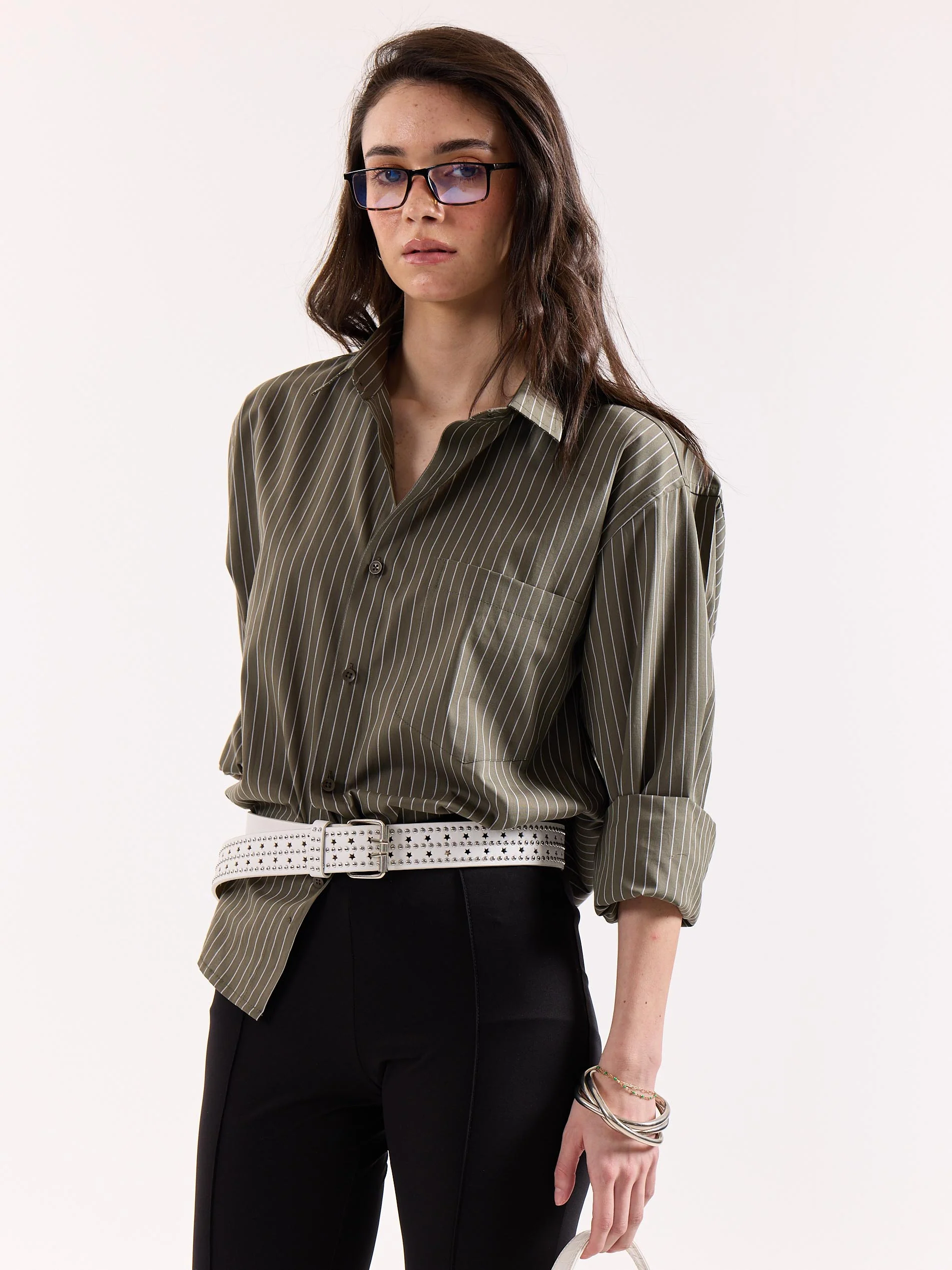 Olive Green Pinstriped Poplin Oversized Shirt - Image 7