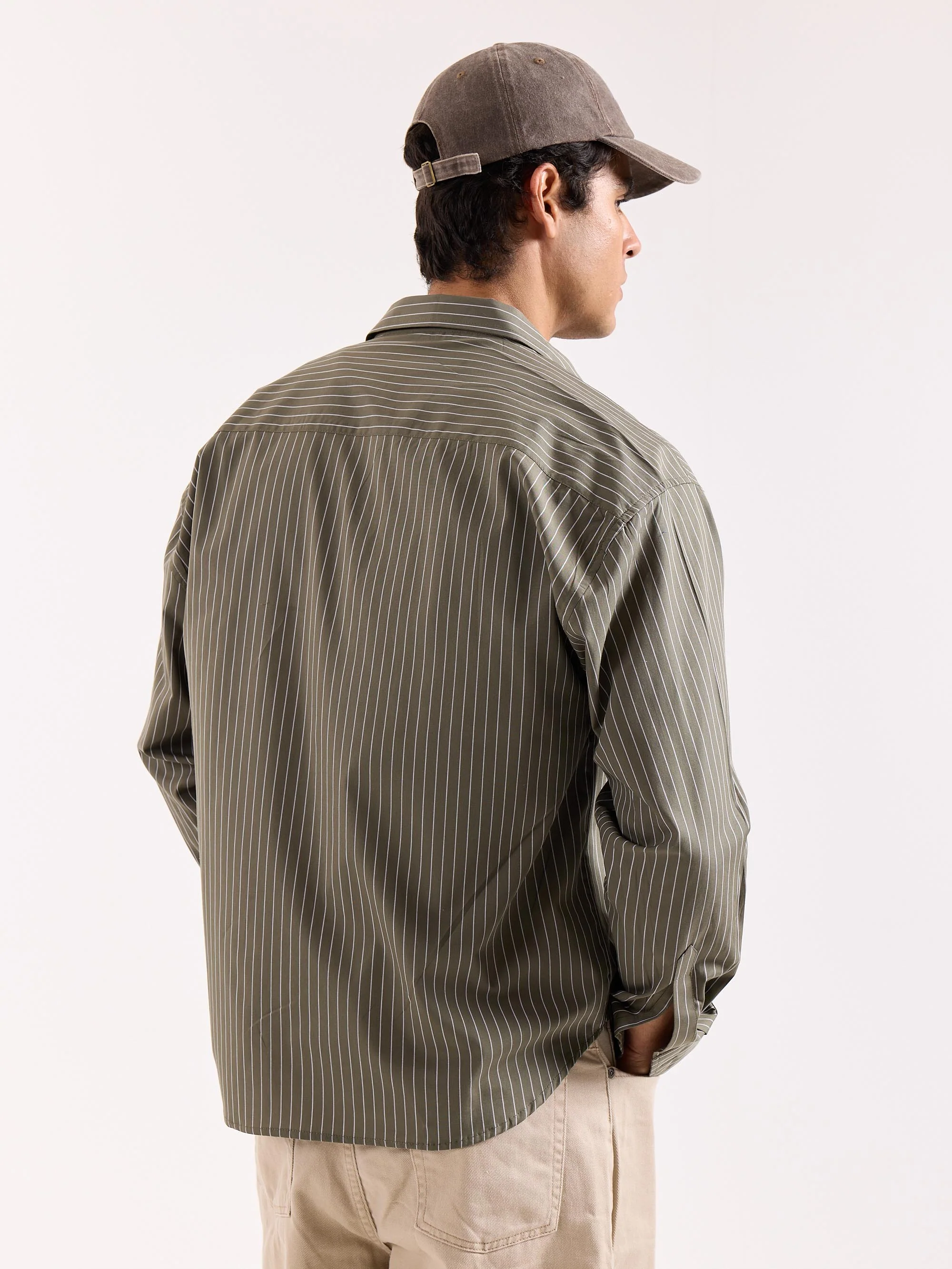 Olive Green Pinstriped Poplin Oversized Shirt - Image 8