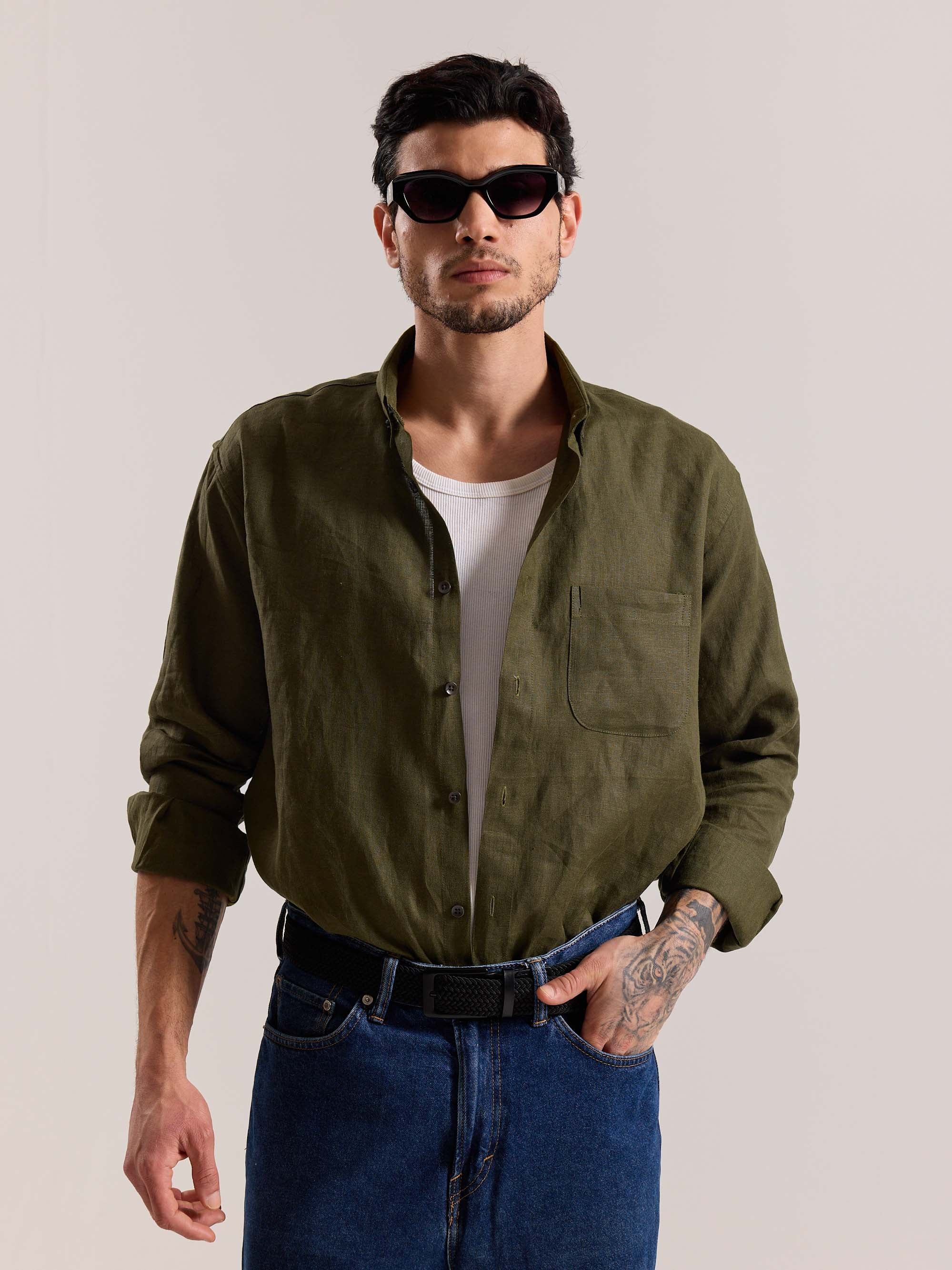 Olive Irish Linen Shirt ( Pre-Order ) - Image 3