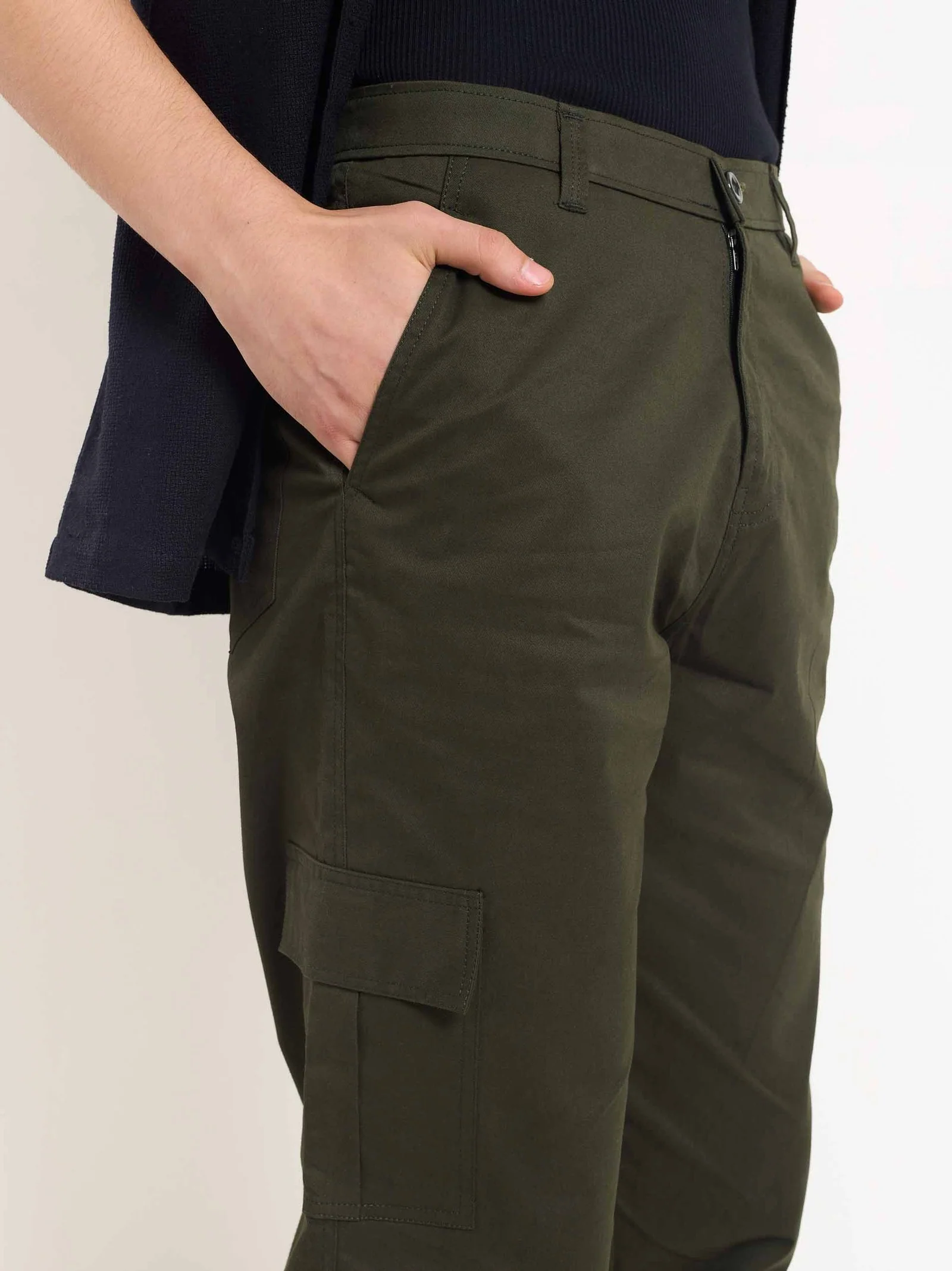 Olive Loose Fit Twill Cargo Trousers - Image 4