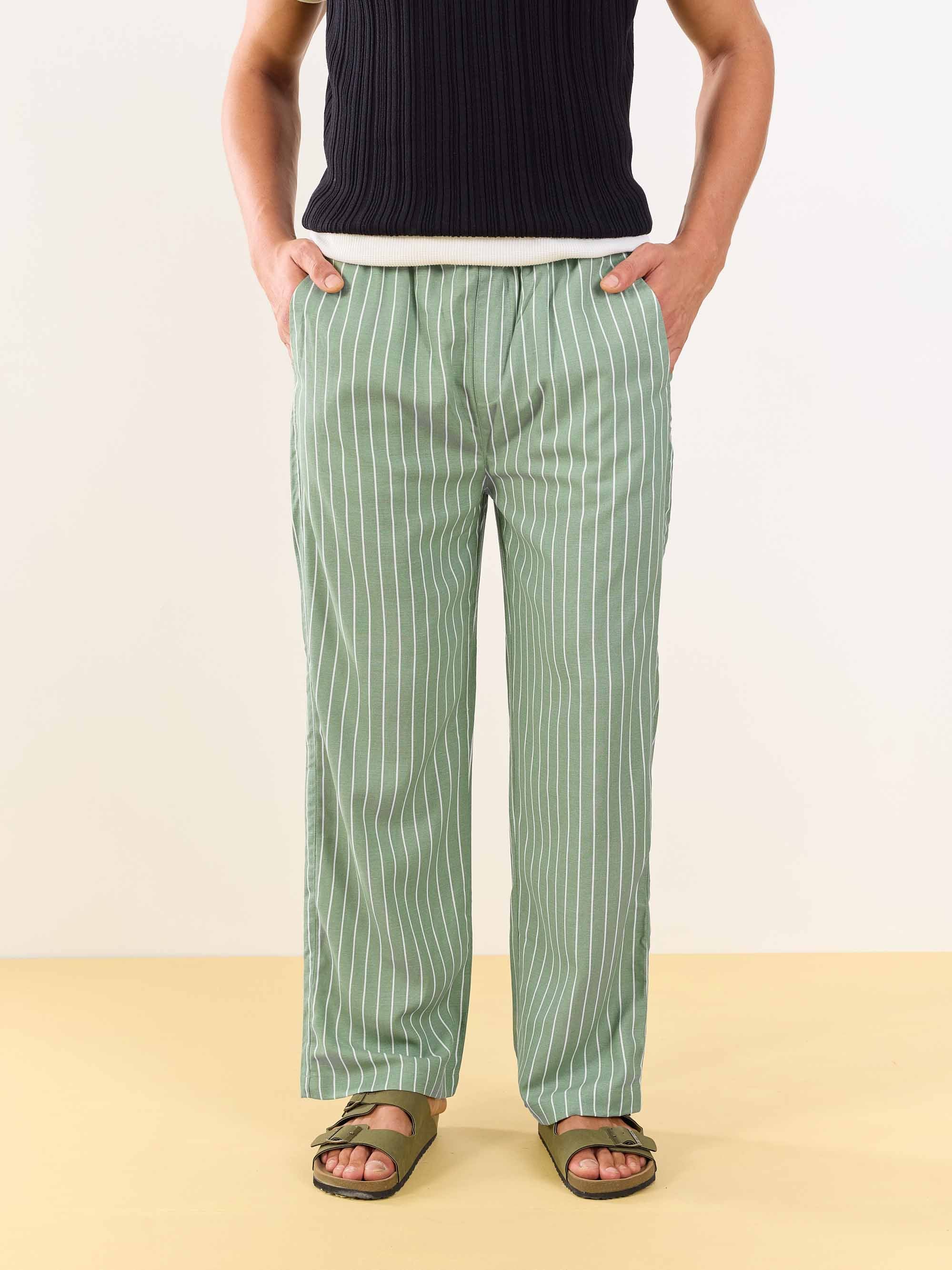Olive Striped Linen Pull-on Pants - Image 2