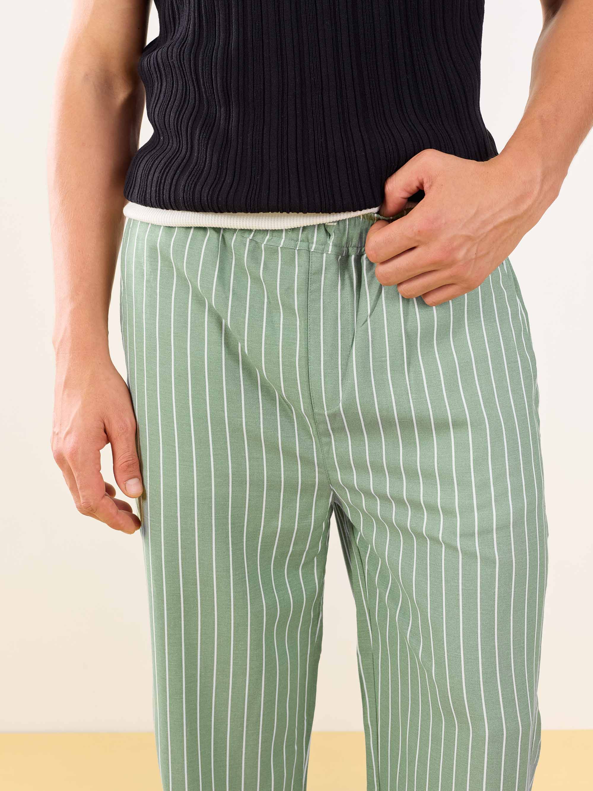 Olive Striped Linen Pull-on Pants - Image 3