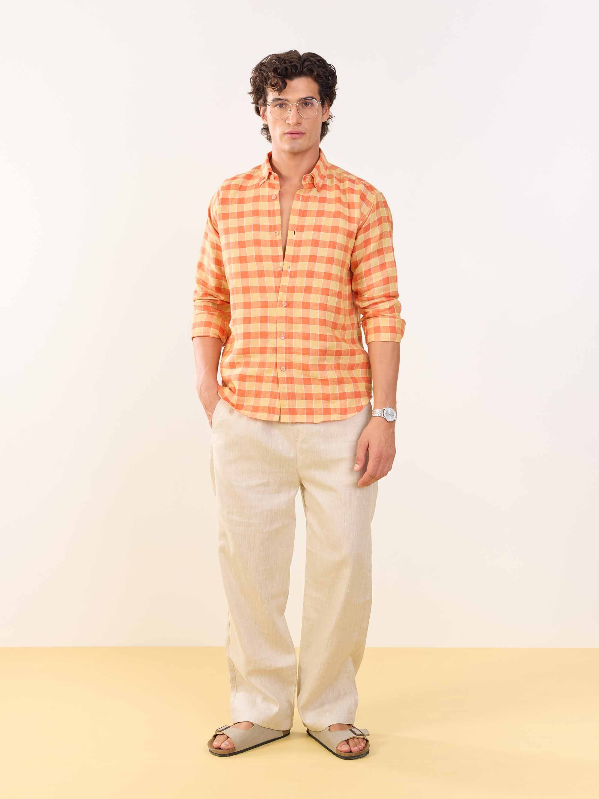 Orange & Yellow Checked Irish Linen Shirt - Image 2