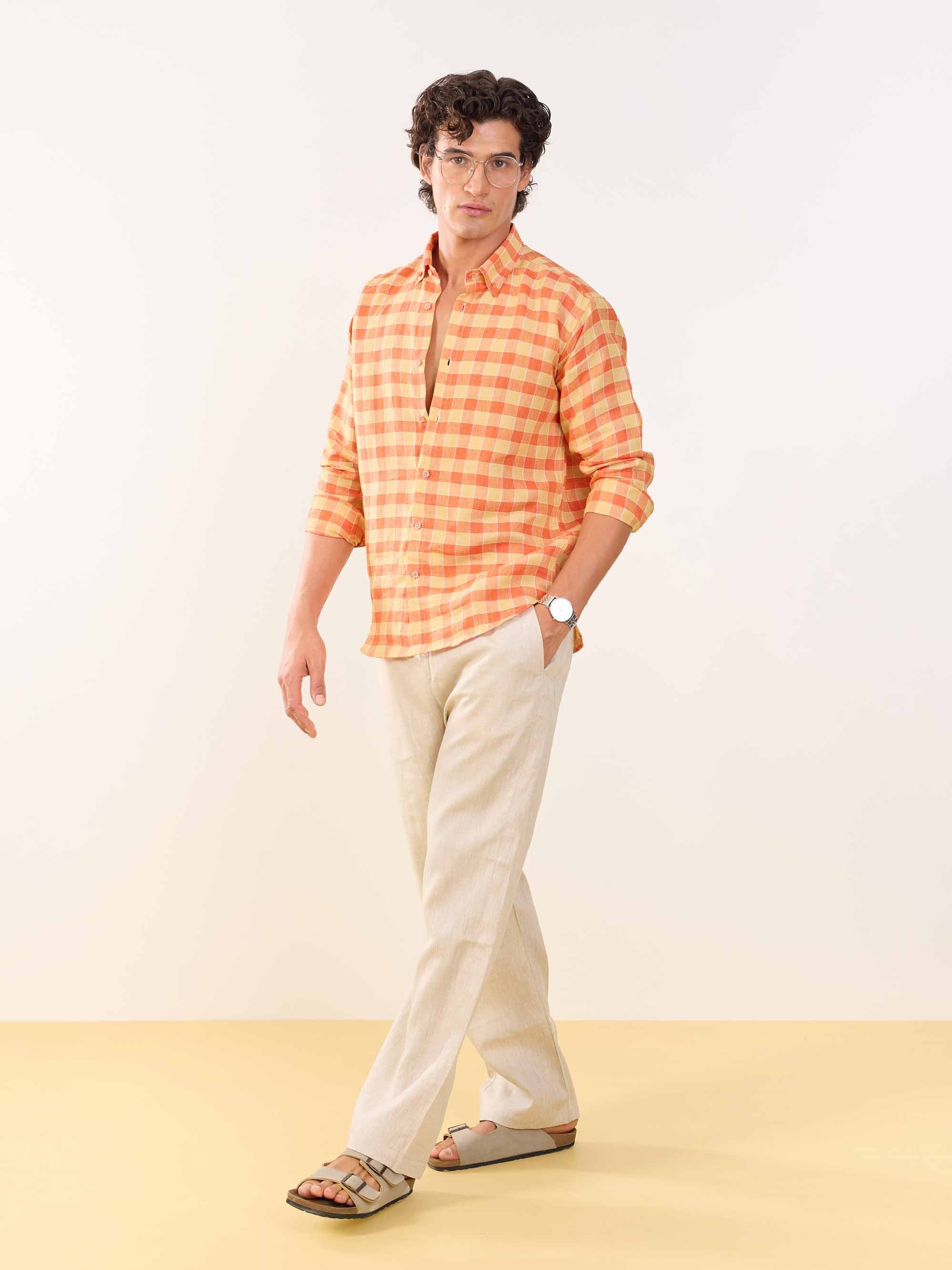 Orange & Yellow Checked Irish Linen Shirt - Image 3
