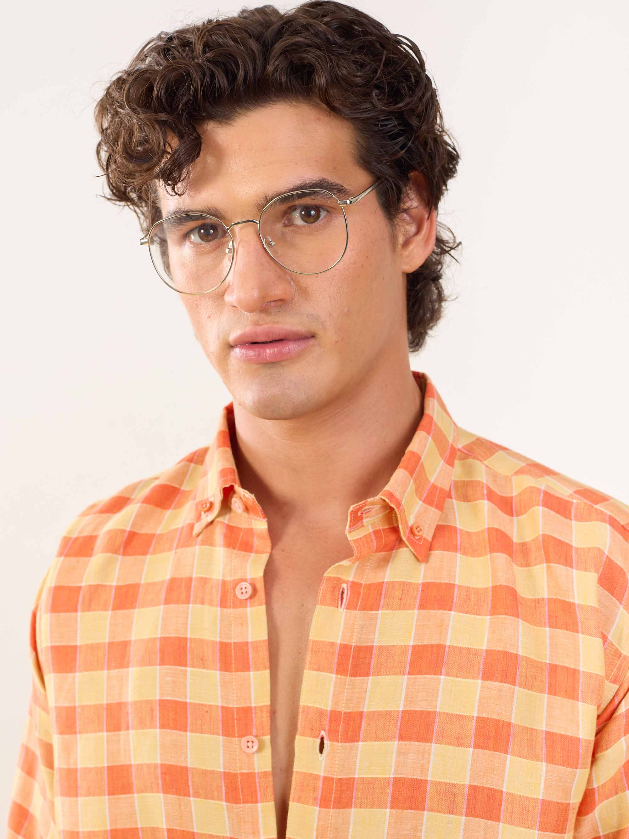 Orange & Yellow Checked Irish Linen Shirt - Image 4