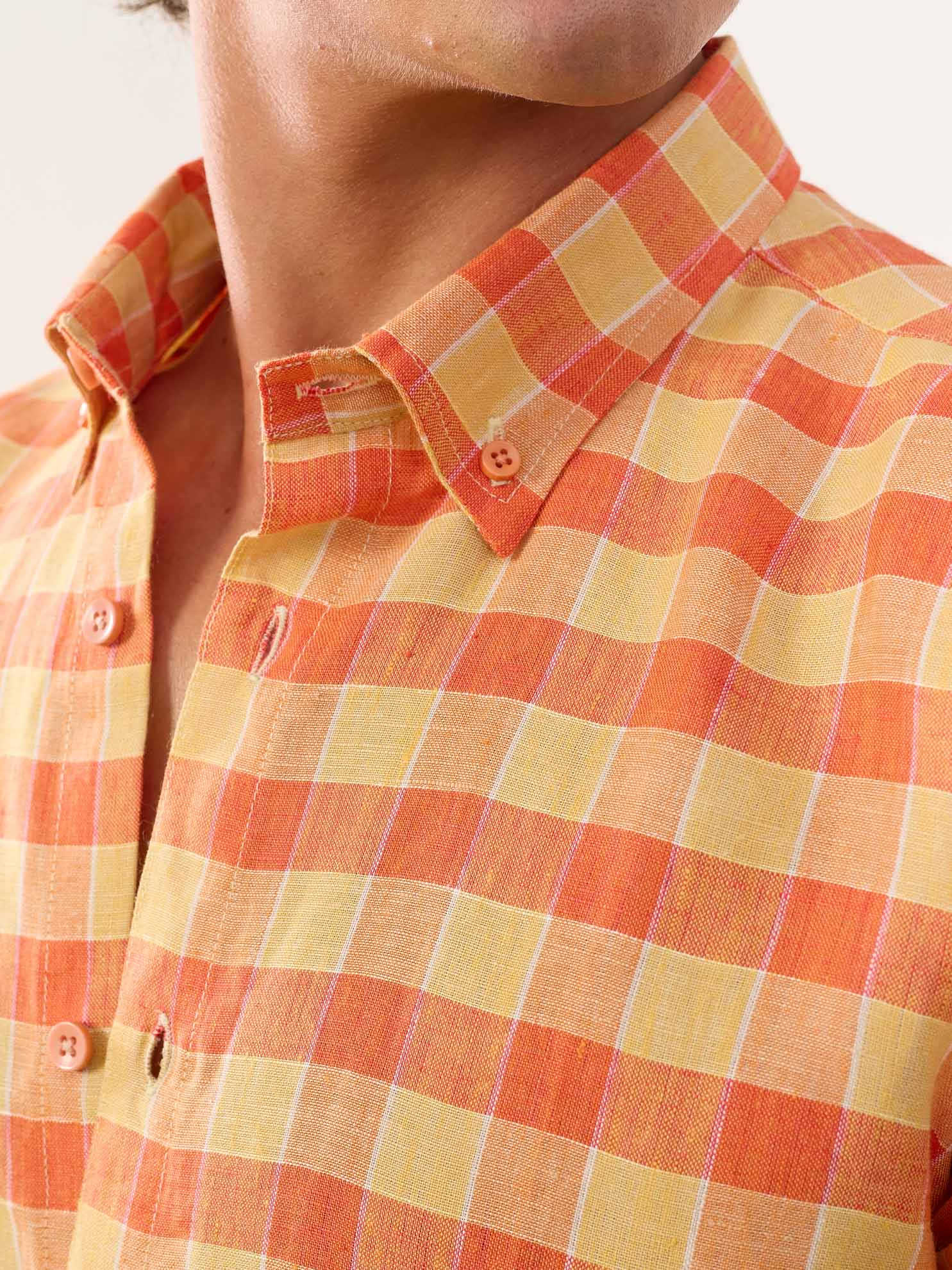 Orange & Yellow Checked Irish Linen Shirt - Image 5