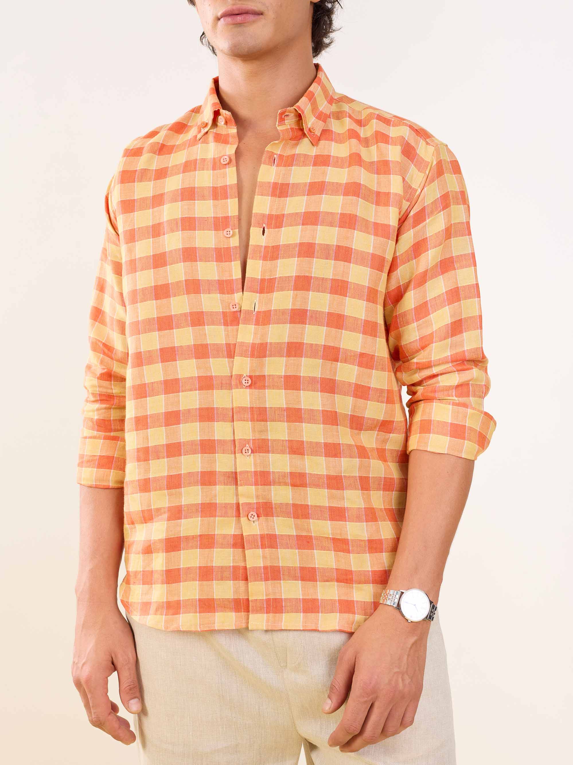 Orange & Yellow Checked Irish Linen Shirt - Image 6