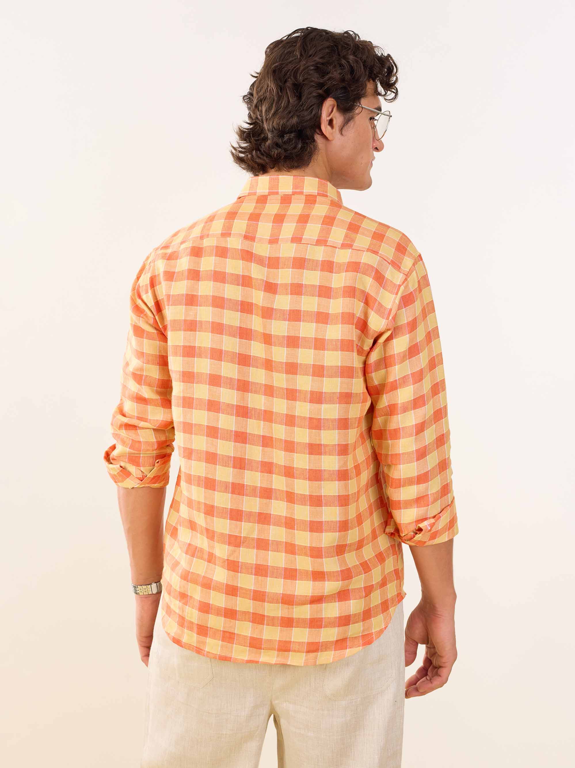Orange & Yellow Checked Irish Linen Shirt - Image 7