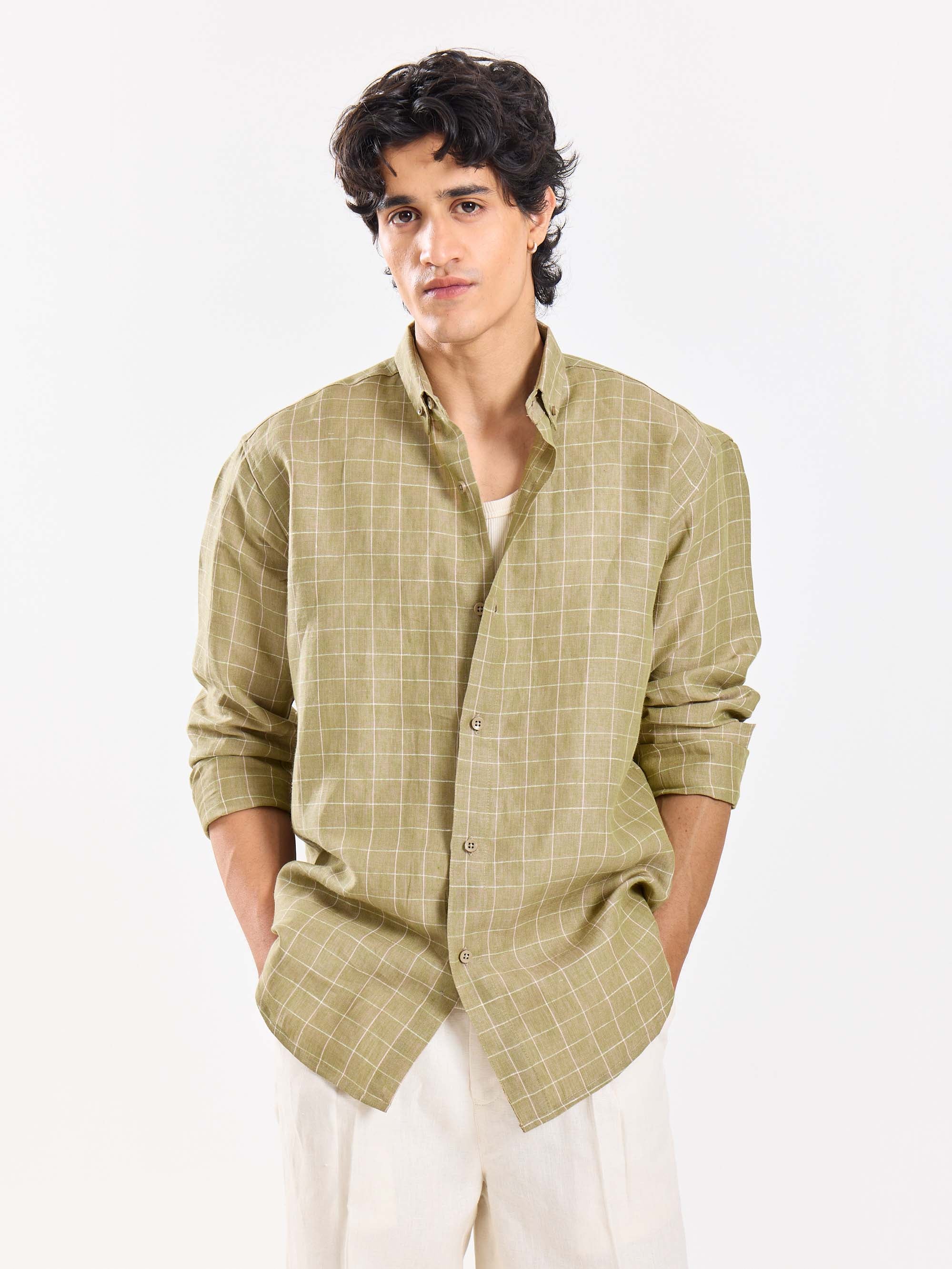 Pale Green Checked Irish Linen Shirt - Image 2
