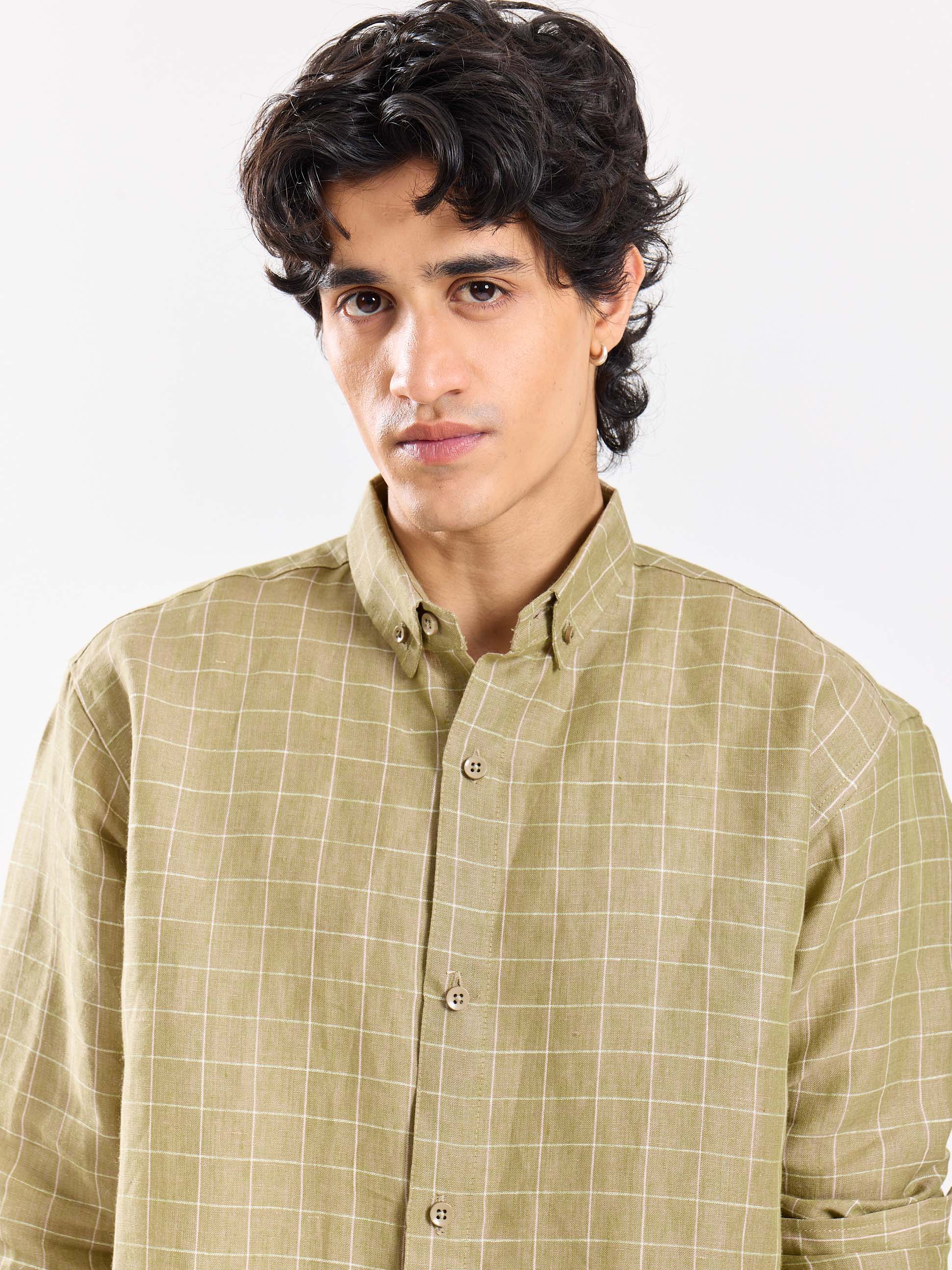 Pale Green Checked Irish Linen Shirt - Image 3