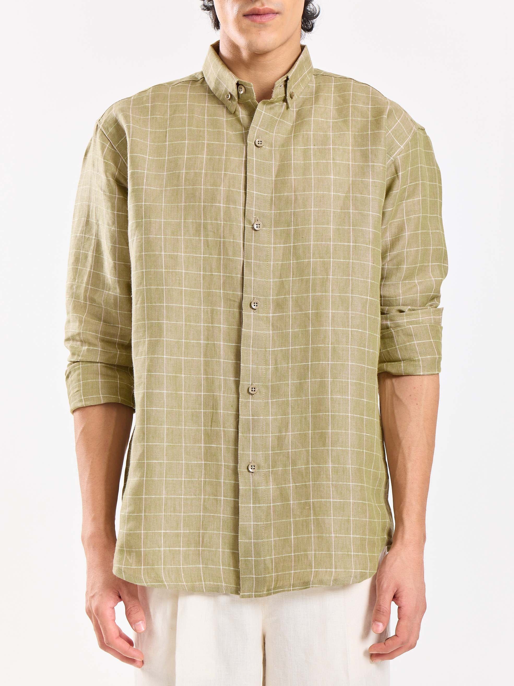Pale Green Checked Irish Linen Shirt - Image 4