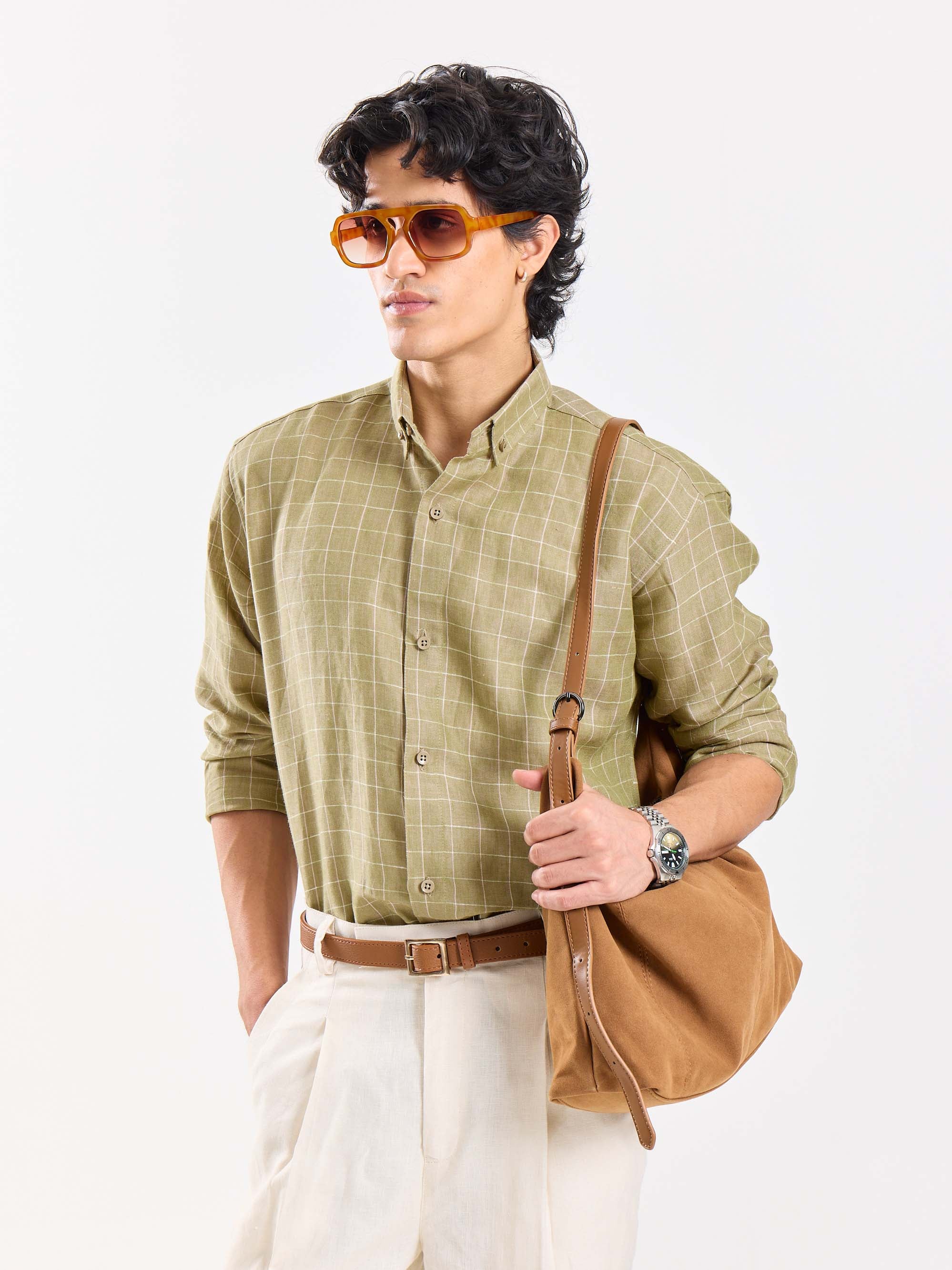 Pale Green Checked Irish Linen Shirt - Image 5