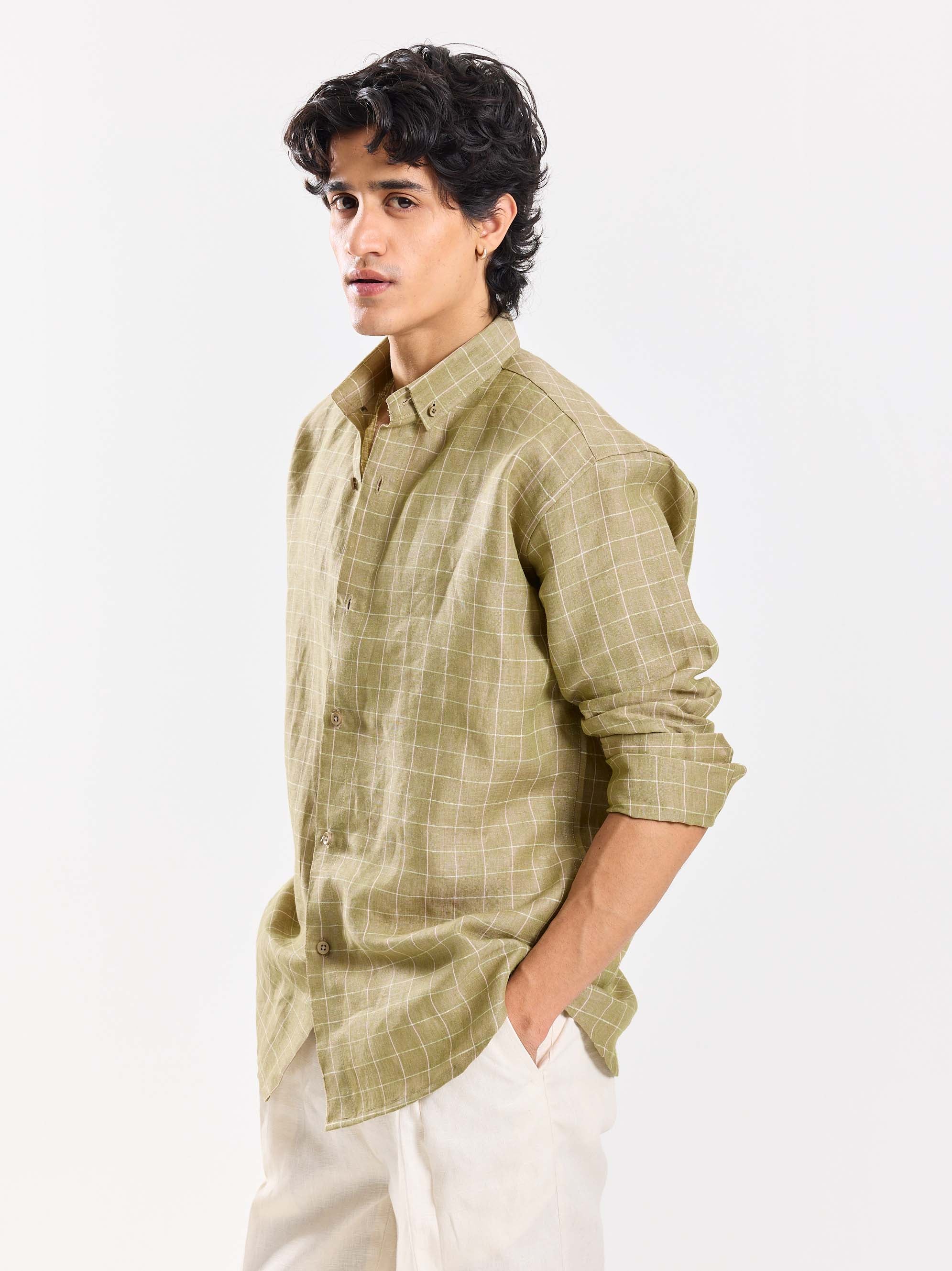 Pale Green Checked Irish Linen Shirt - Image 6