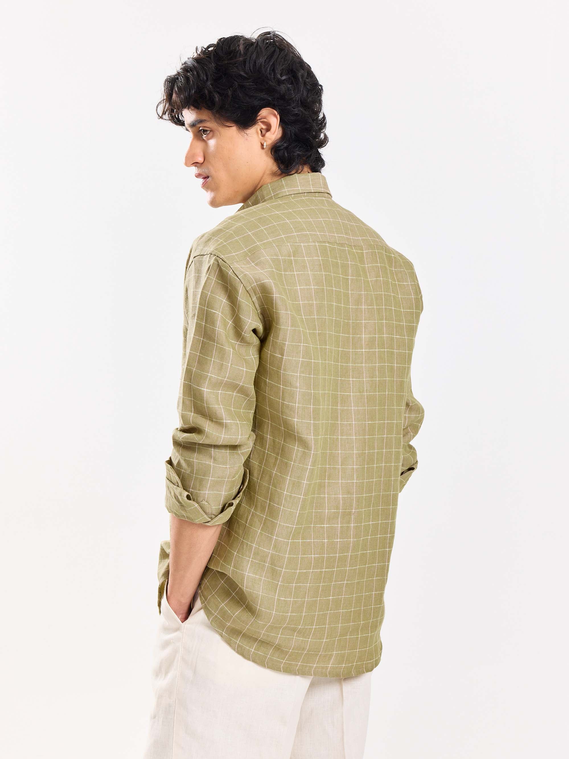 Pale Green Checked Irish Linen Shirt - Image 7