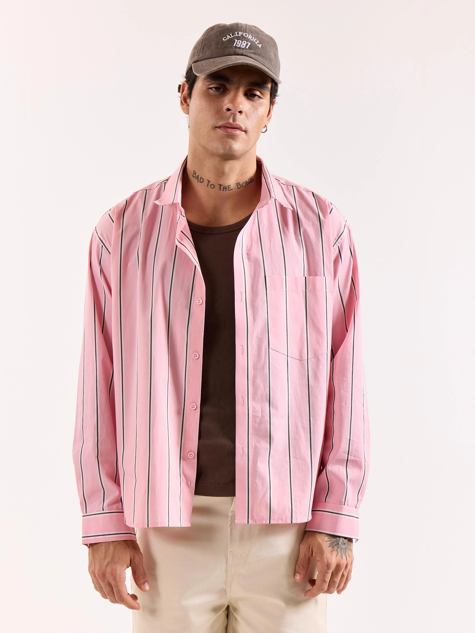 Pink & Brown Striped Poplin Oversized Shirt - Image 3