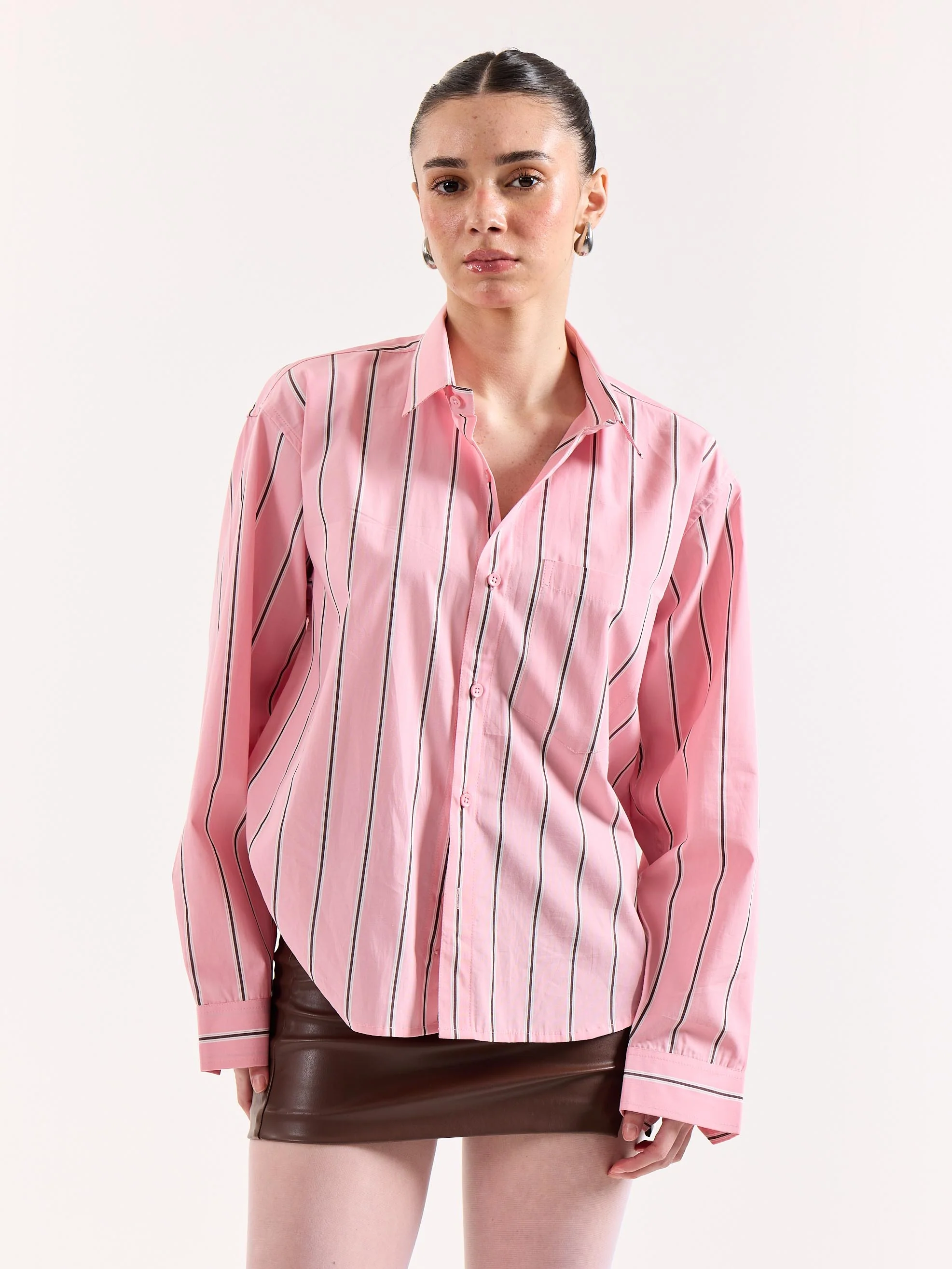 Pink & Brown Striped Poplin Oversized Shirt - Image 4