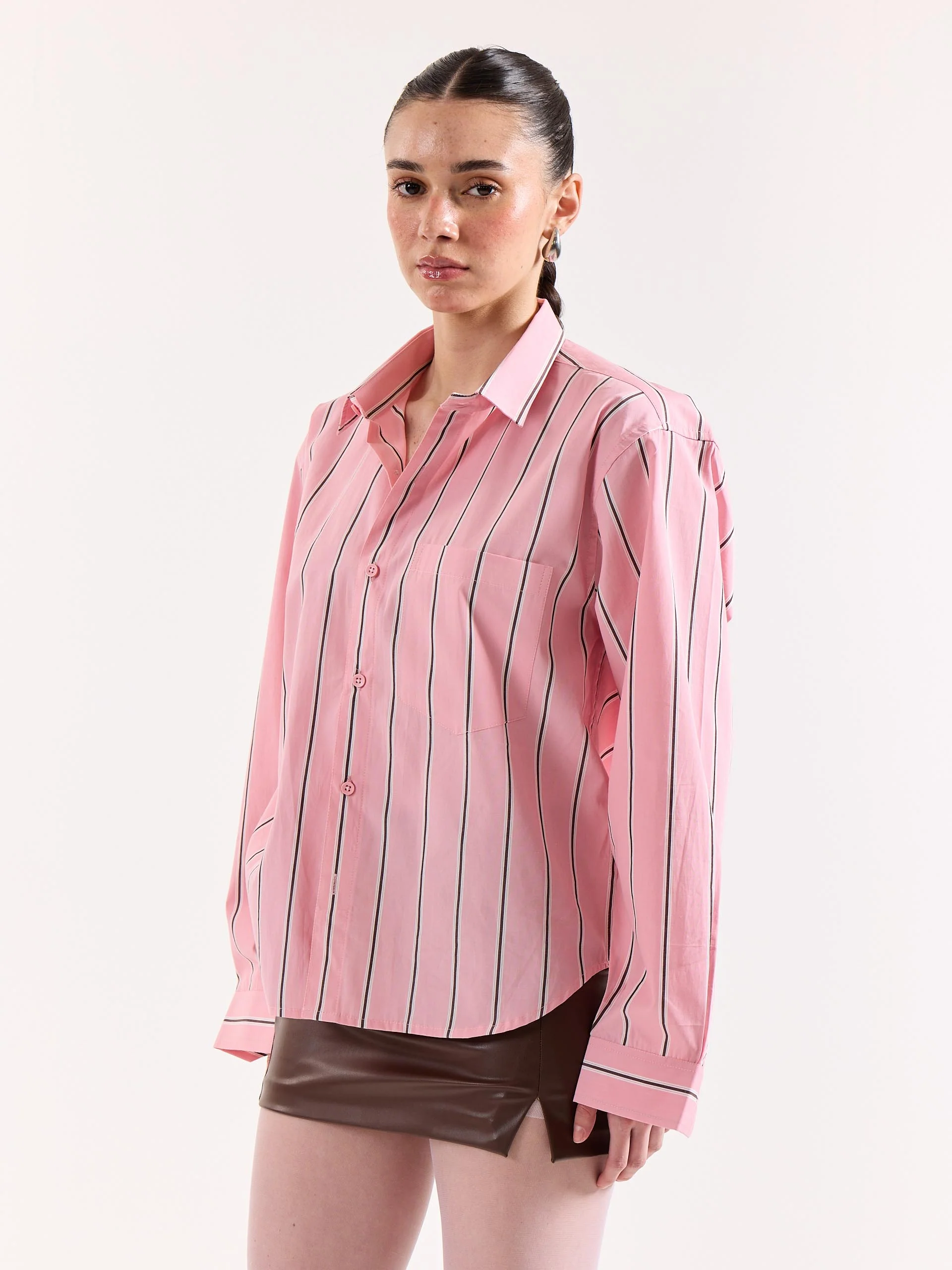 Pink & Brown Striped Poplin Oversized Shirt - Image 7
