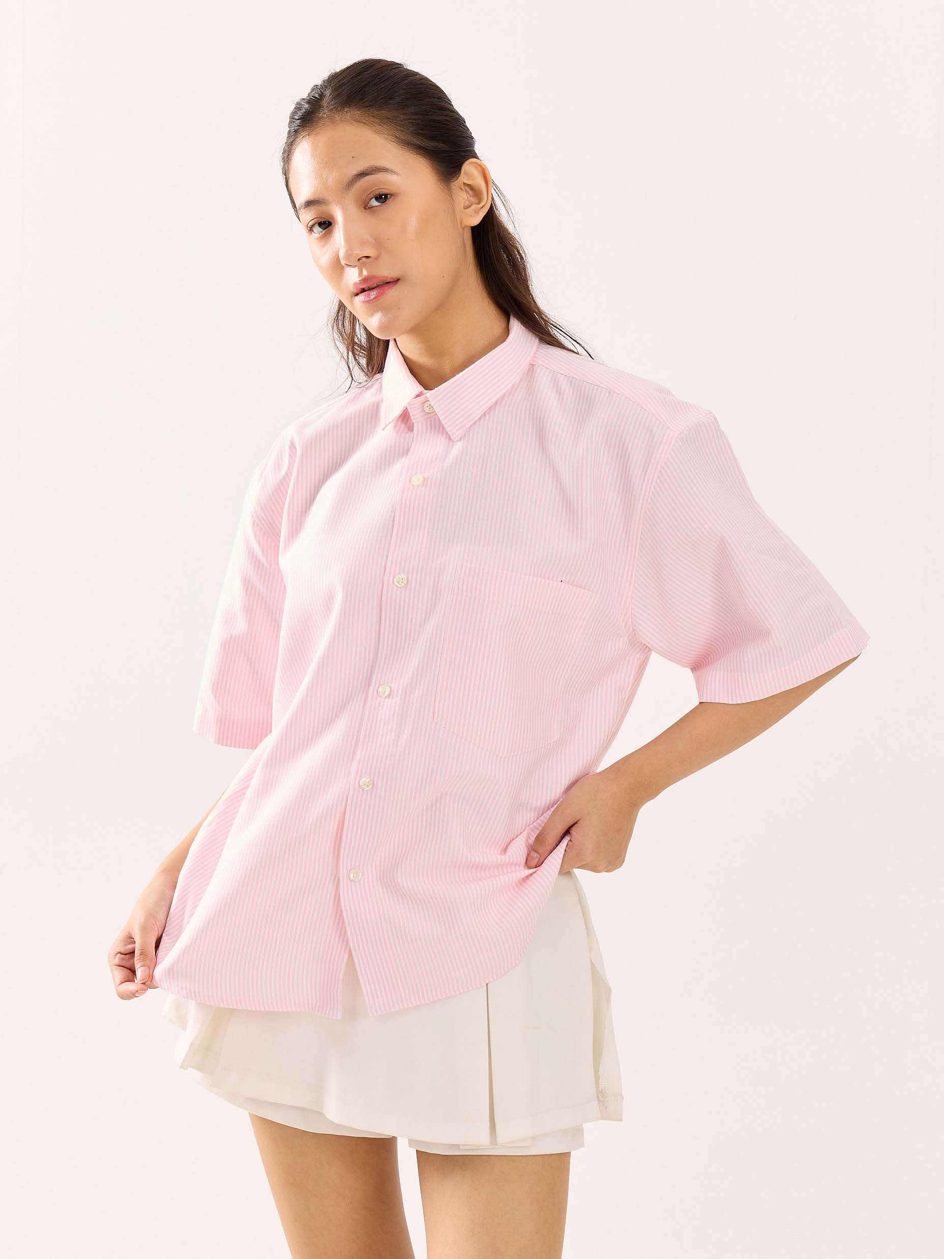 Pink Striped Oversized Cropped Shirt - Image 7