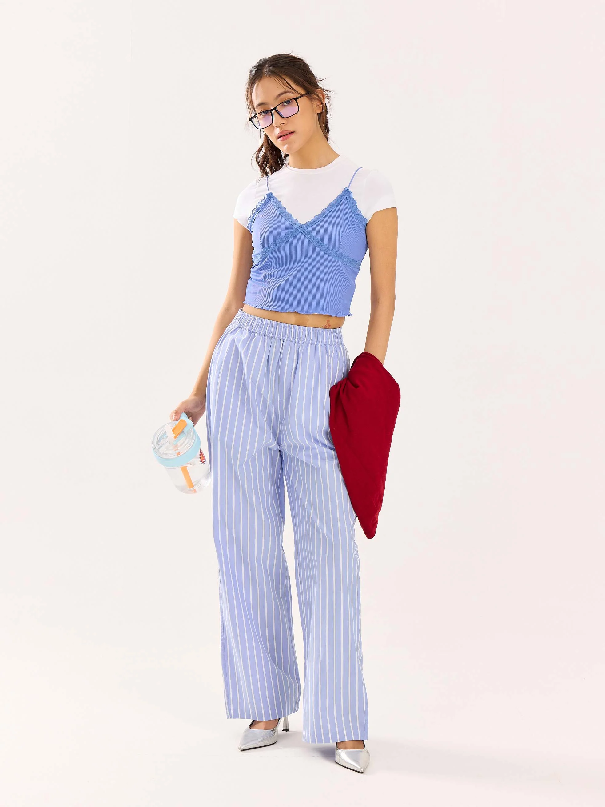 Powder Blue Striped Poplin Pull-on Pants - Image 2