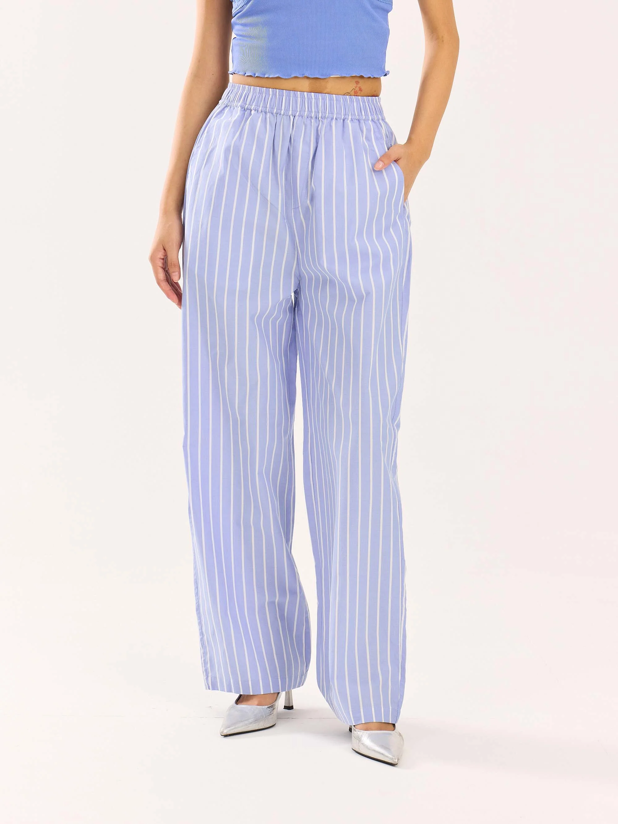 Powder Blue Striped Poplin Pull-on Pants - Image 4