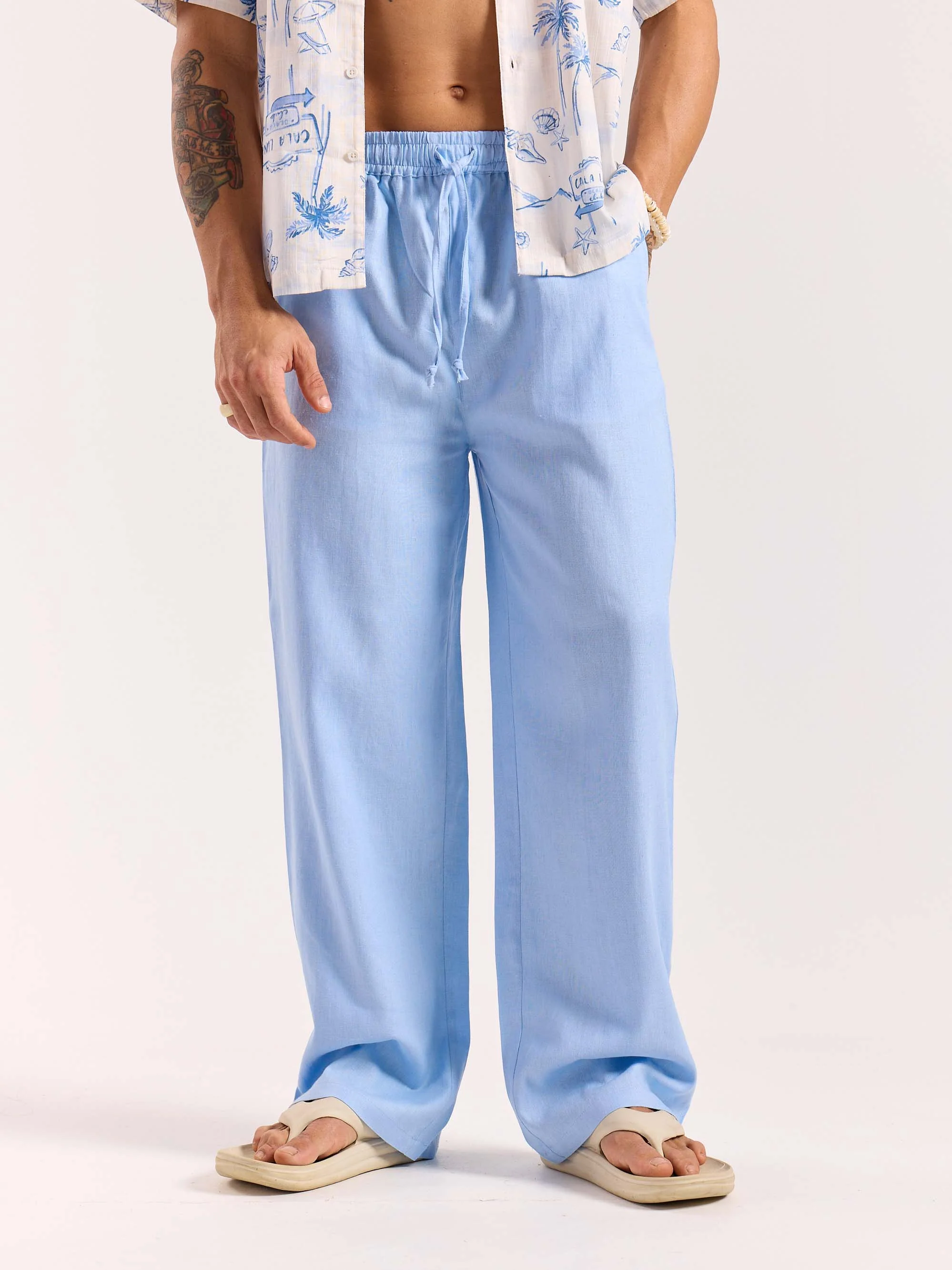 Powder Blue Linen Pull-on Pants - Image 3