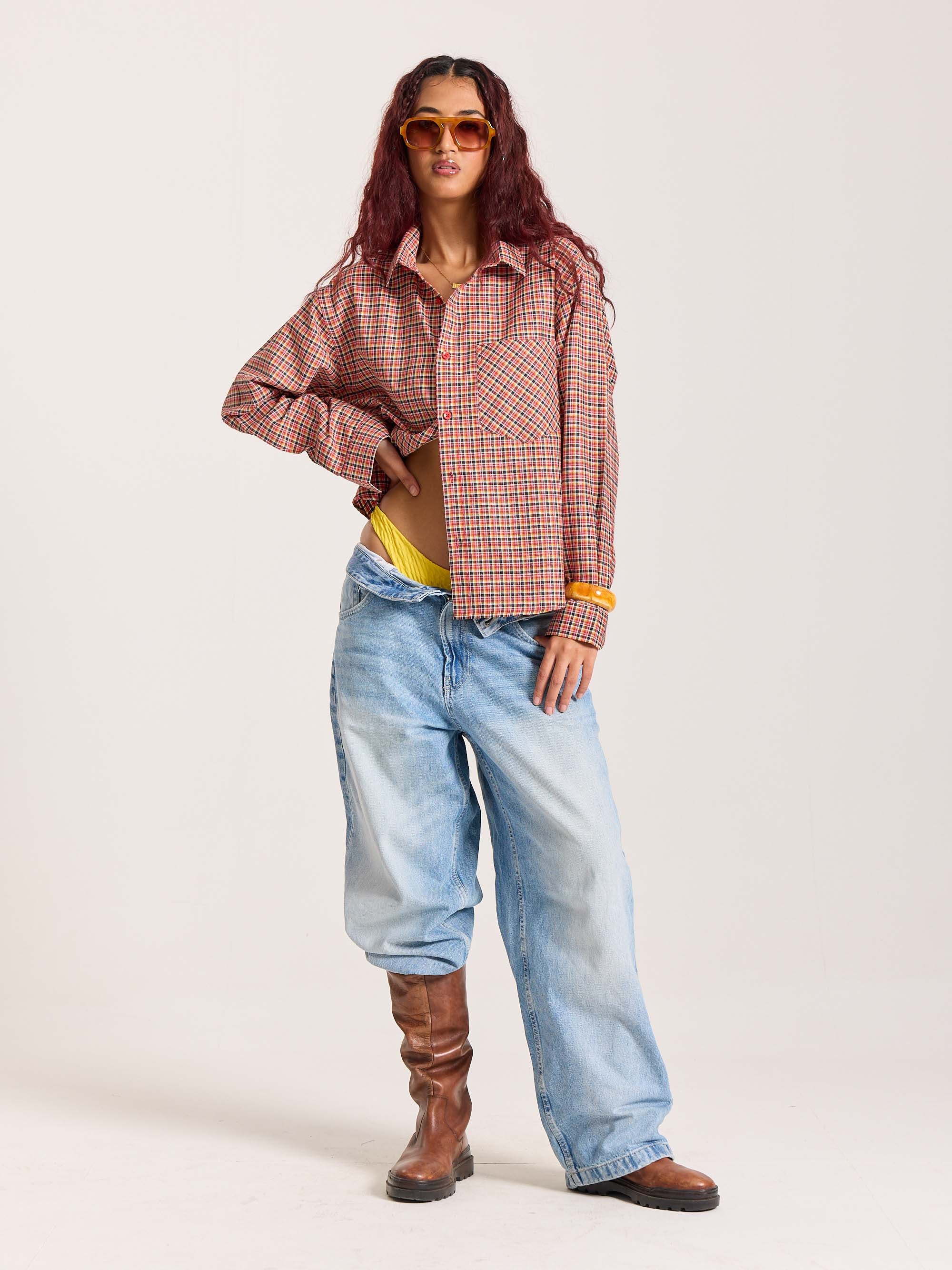 Red & Black Checkered Oversized Cropped Shirt - Image 2