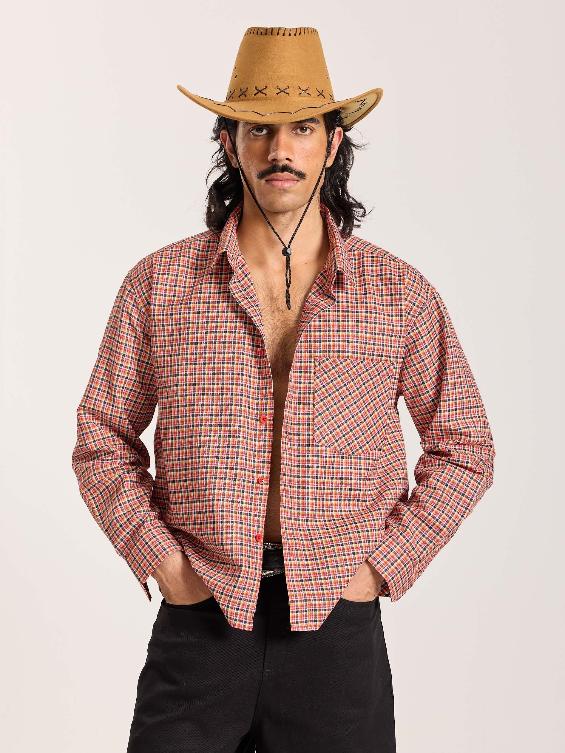 Red & Black Checkered Oversized Cropped Shirt - Image 3