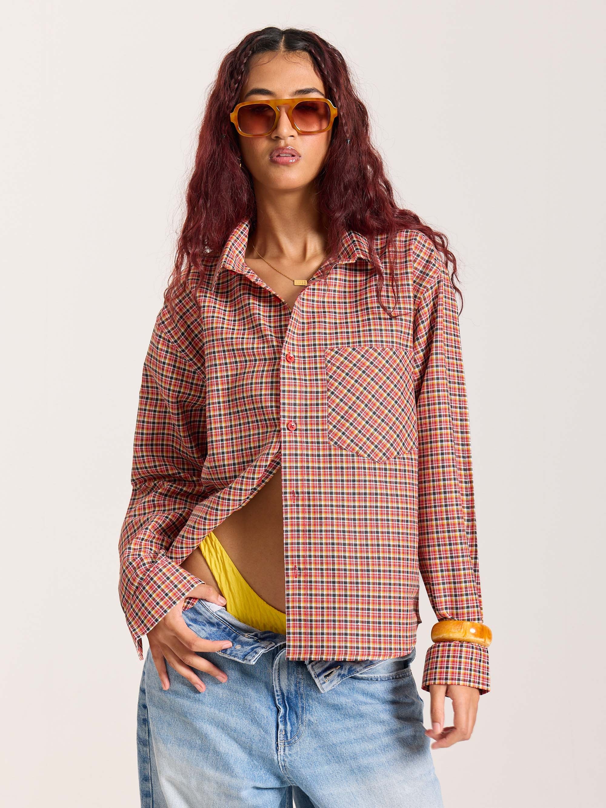 Red & Black Checkered Oversized Cropped Shirt - Image 4