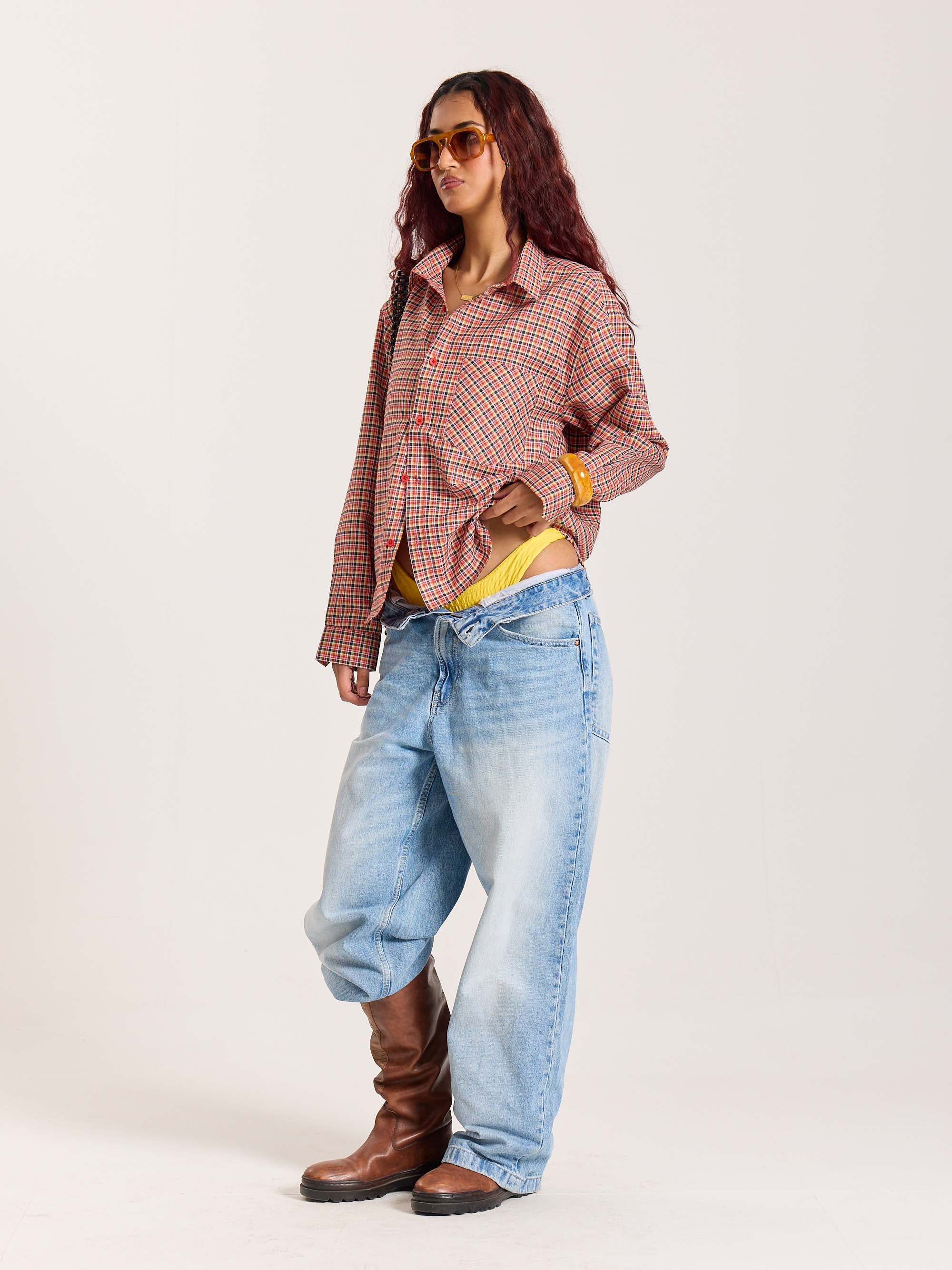 Red & Black Checkered Oversized Cropped Shirt - Image 7