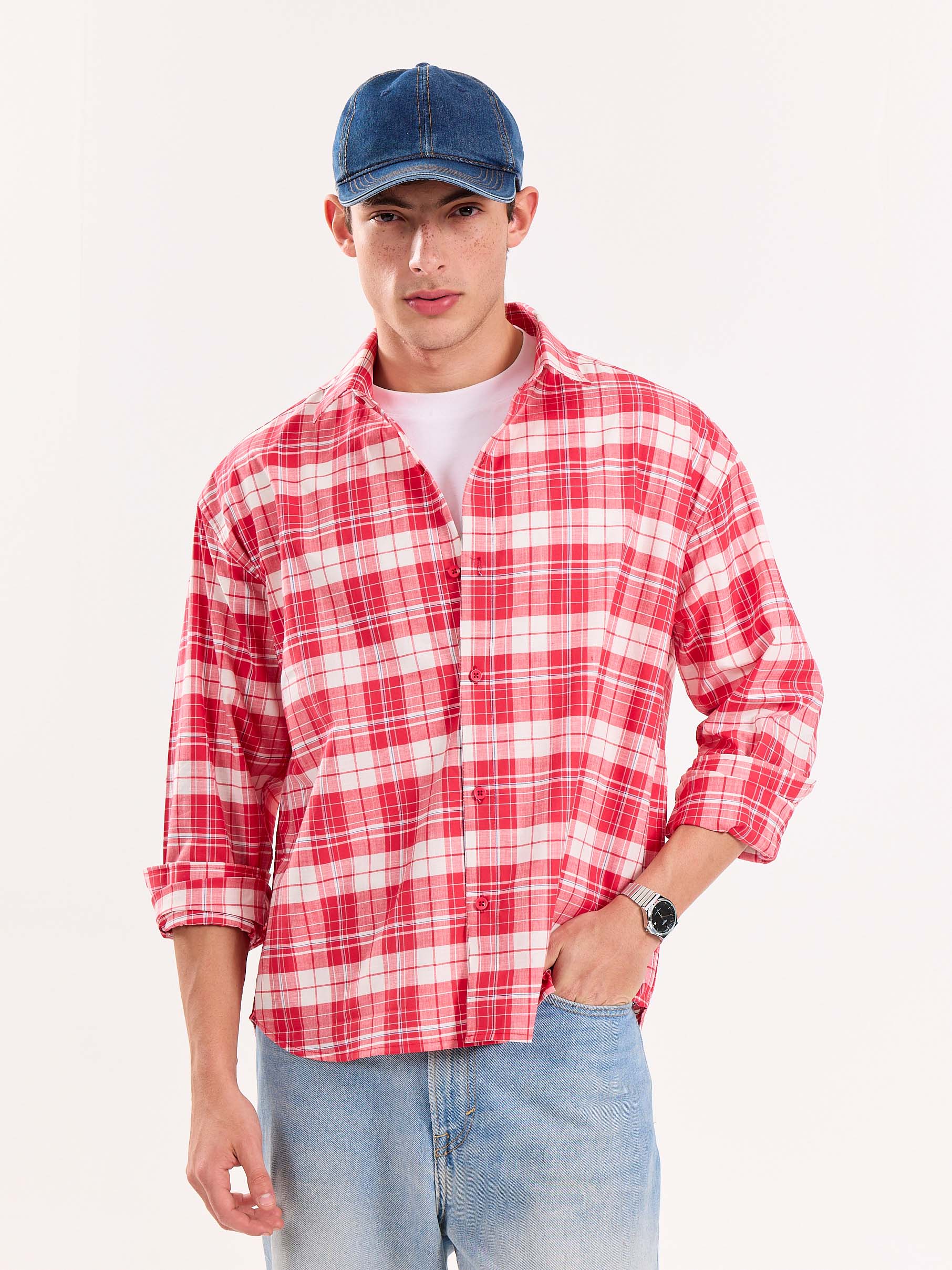 Red Checkered Poplin Cropped Shirt - Image 2
